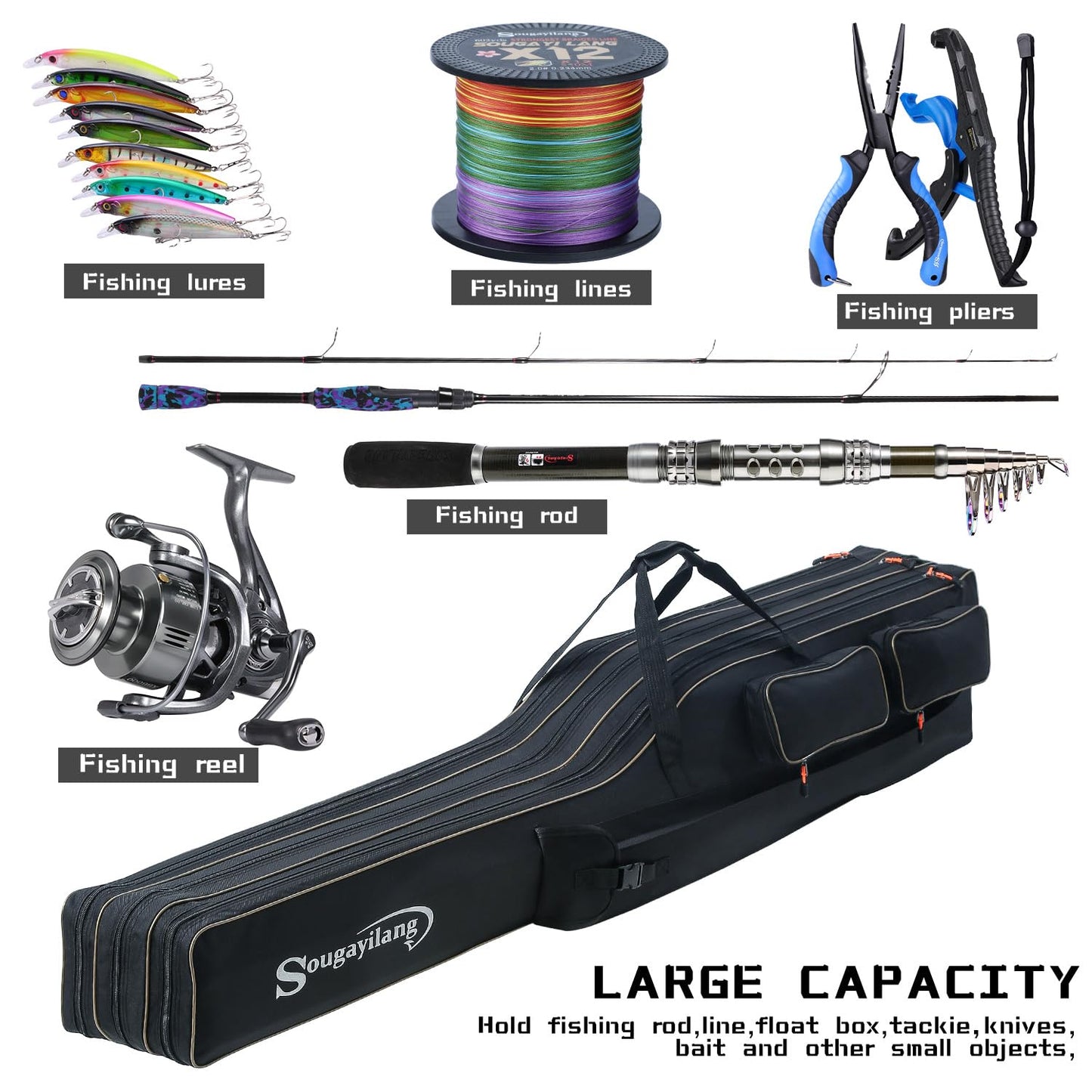 Sougayilang Fishing Rod Case, 3 Layers Organizer Fishing Pole Storage Bag Fishing Rod and Reel Carrier Organizer for Travel-165cm/65in-Black