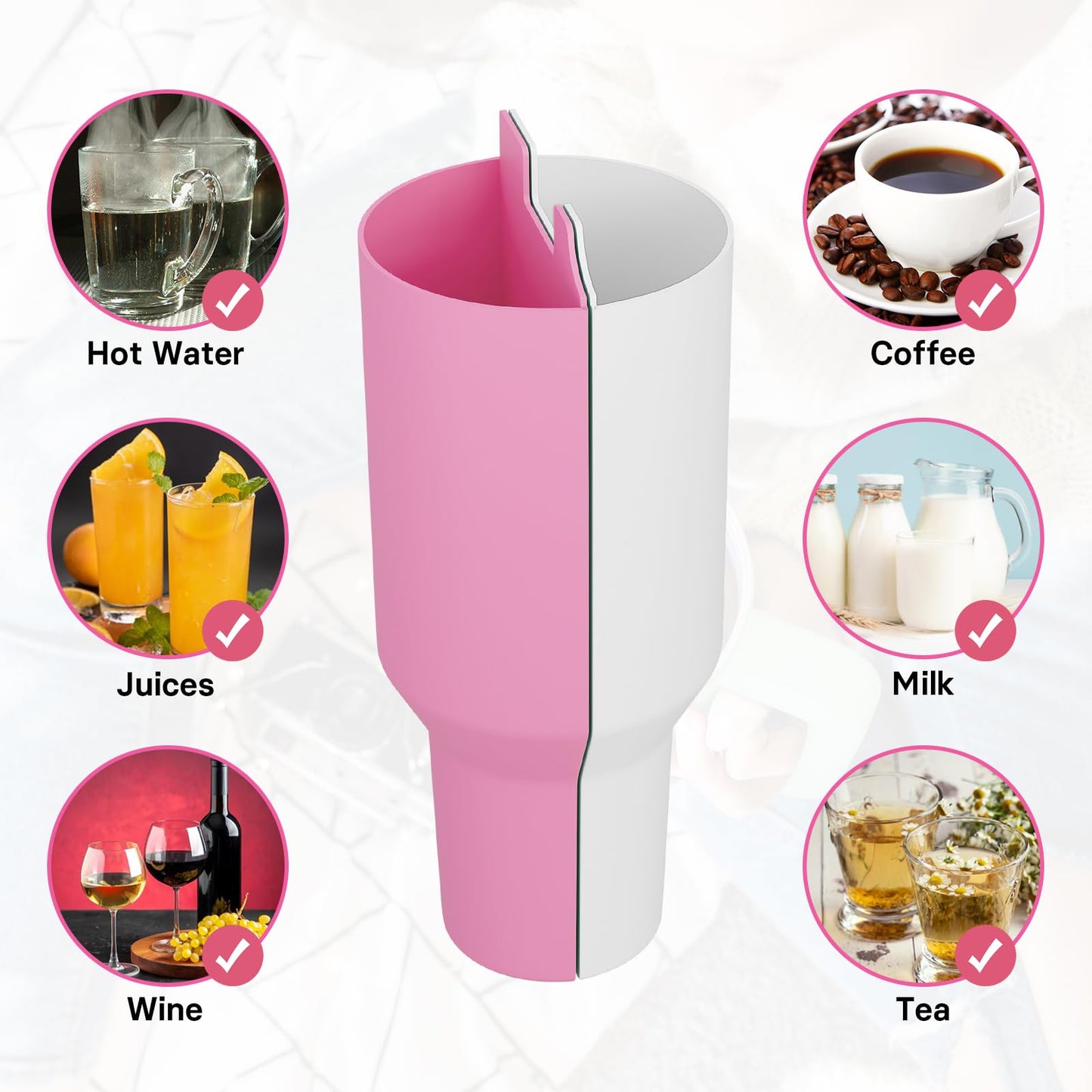 Kawaiita 2-in-1 Drink Separator Silicone Liner Compatible with Stanley Cup 40 oz, Stanley Accessories, Reusable Liner for Cold Drink Separator for Coffee, Juice, Cocktails, Whiskey (Pink and White)