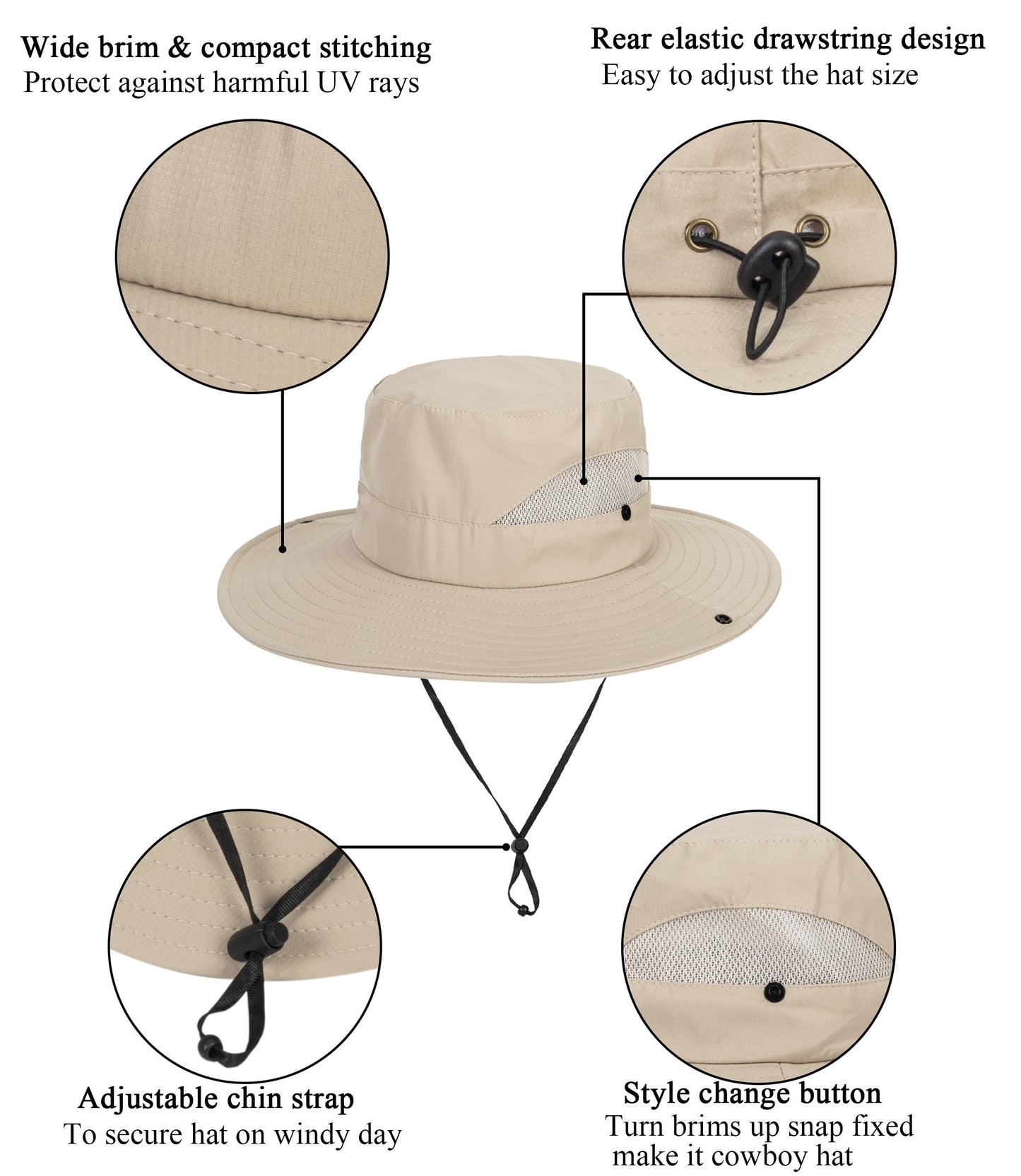Kids Sun Hat with UV Protection Beach Bucket for Boys & Girls Wide Brim Safari Boonie Cap for Summer Outdoor Dark Beige