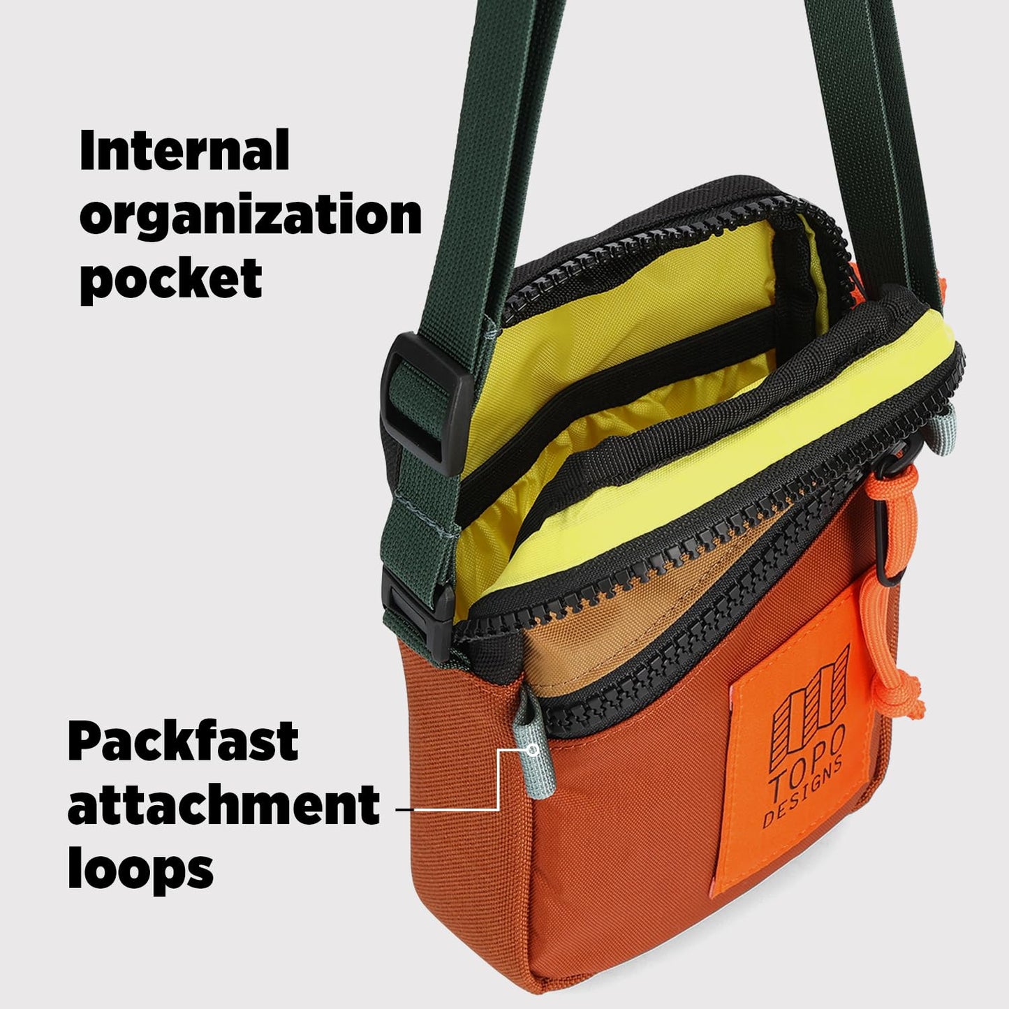 Topo Designs Mini Shoulder Bag - Over the Shoulder Bag for Daily Carry Essentials, Fanny Pack Carry Option, Bike Light Attachment Loop, Designed in Sunny Colorado (Clay/Khaki)