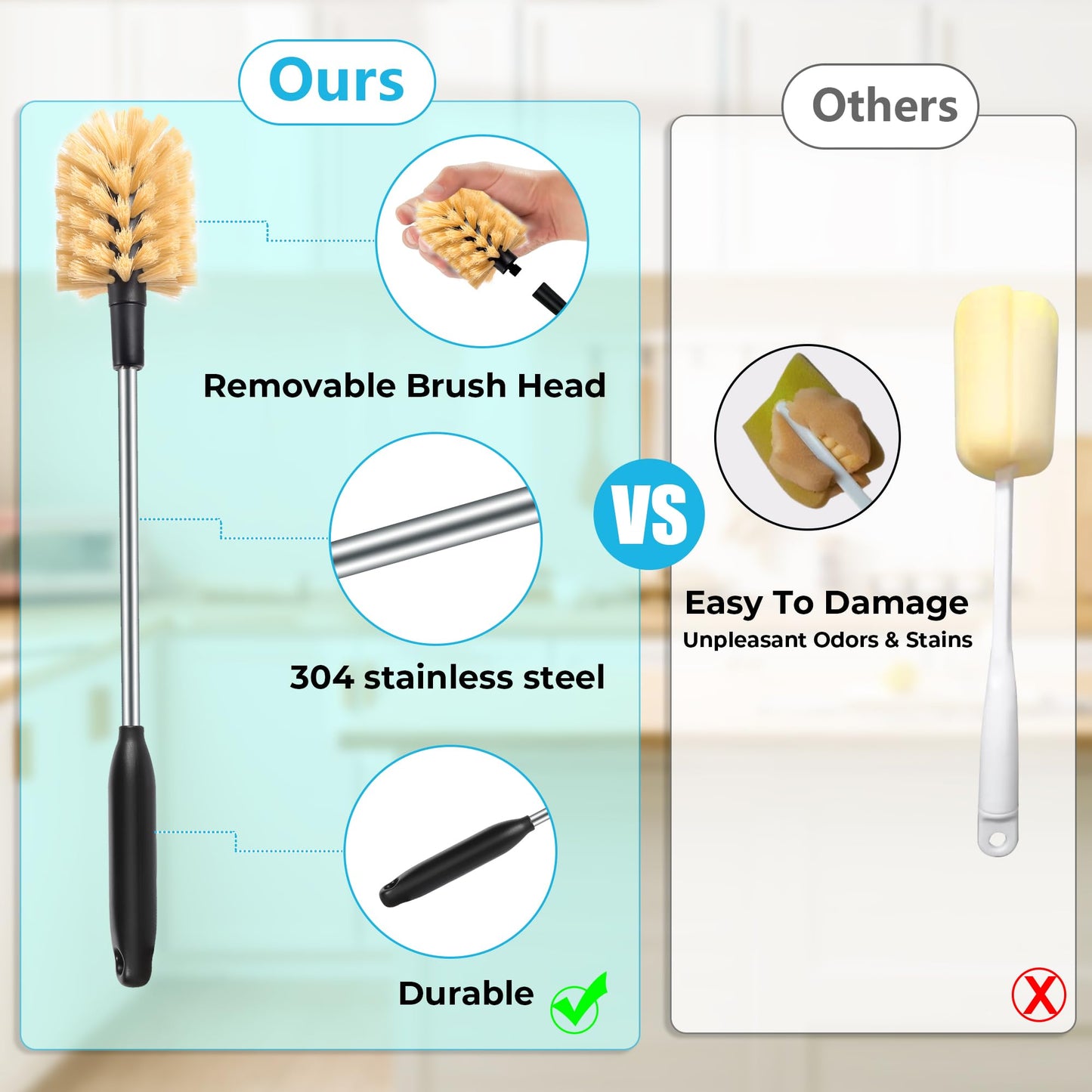 3 in 1 Long Handle Water Bottle Brush - Water Bottle Cleaning Brush Accessory - Flexible Scrubbing Brush for Water Bottles, Straws, Glassware - Includes Storage Ring and Hook, Dishwasher Safe Reusable