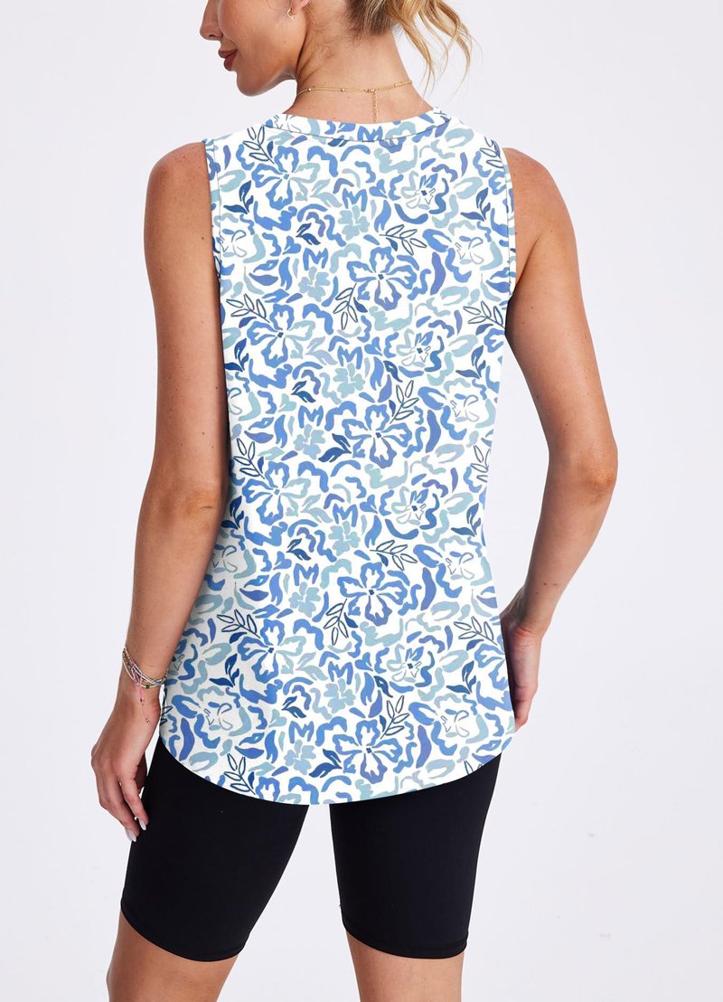 Womens Workout Tops Tank Tops Yoga Shirts Athletic Running Sleeveless Gym Clothes High Neck Athletic Running Shirts Blue Print XXL