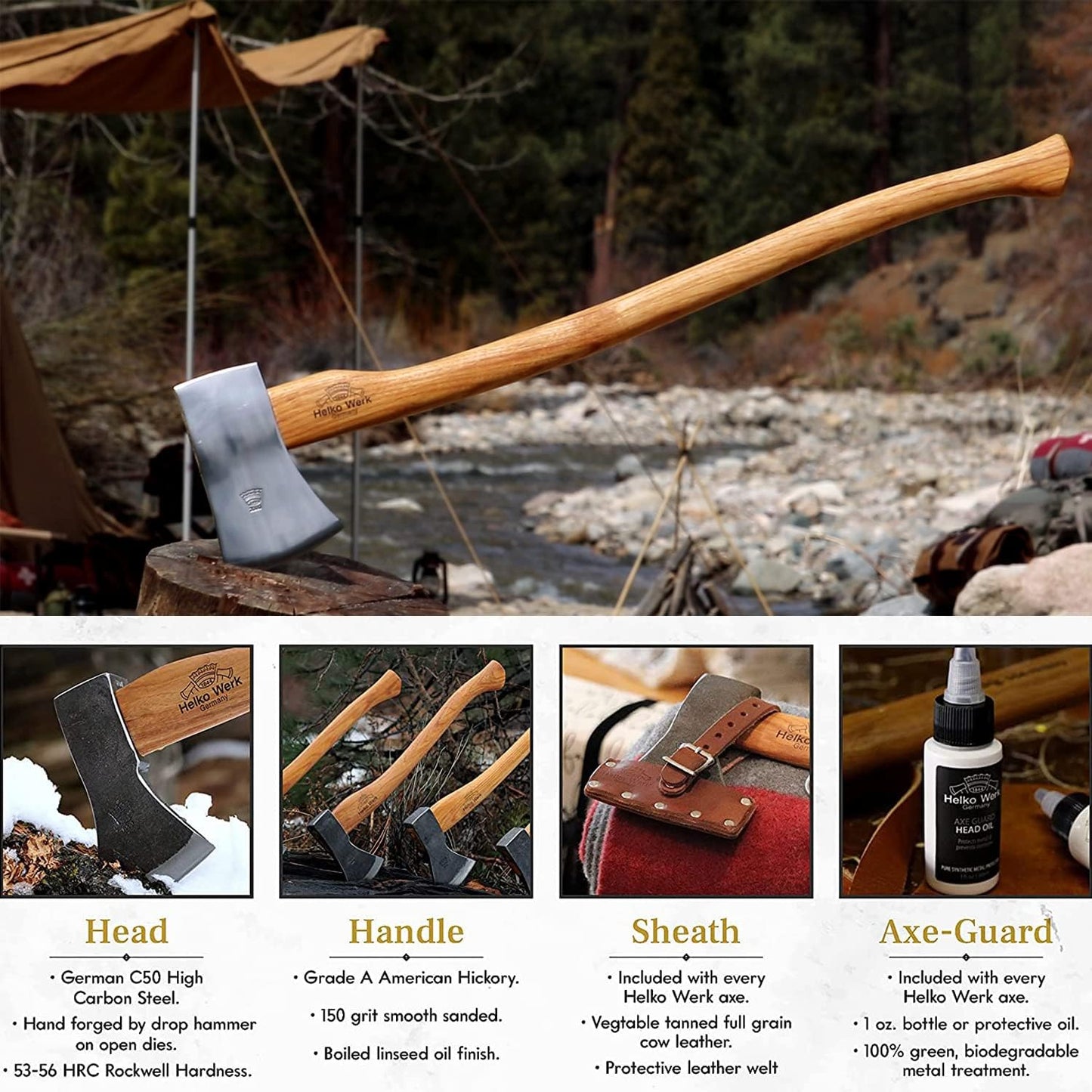 1844 Helko Werk Germany Classic Journeyman Pack Axe - Made in Germany Lightweight and Compact Backpacking Axe and Bushcraft Axe for Camping - Head 1.5 lbs, Handle 20 in. (Journeyman) #11441
