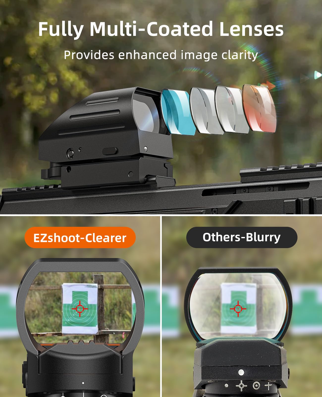 EZshoot Rechargeable Red/Green Dot Reflex Sight, Red Dot Optic Scope, Multiple Reticle Paintball Sight with 20mm Picatinny Rail Mount, Absolute Co-Witness Red Dot Scope (Red Dot)