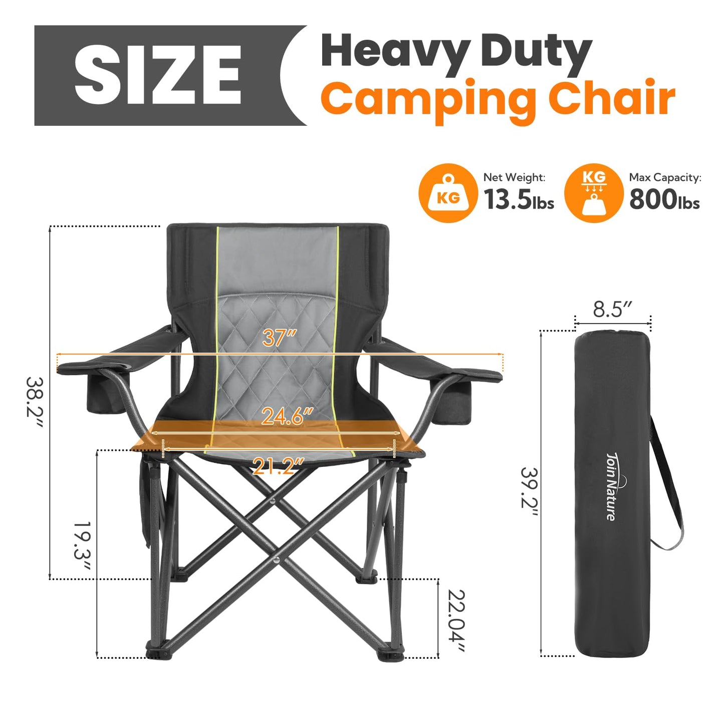 Join Nature Outdoor Large Camping Chairs for Adults, Heavy Duty Camp Chair Support 800lbs, King Kong Folding Chairs with Padded and Pocket for Outside, Sports, Lawn, Built Durable and Reliable, Black