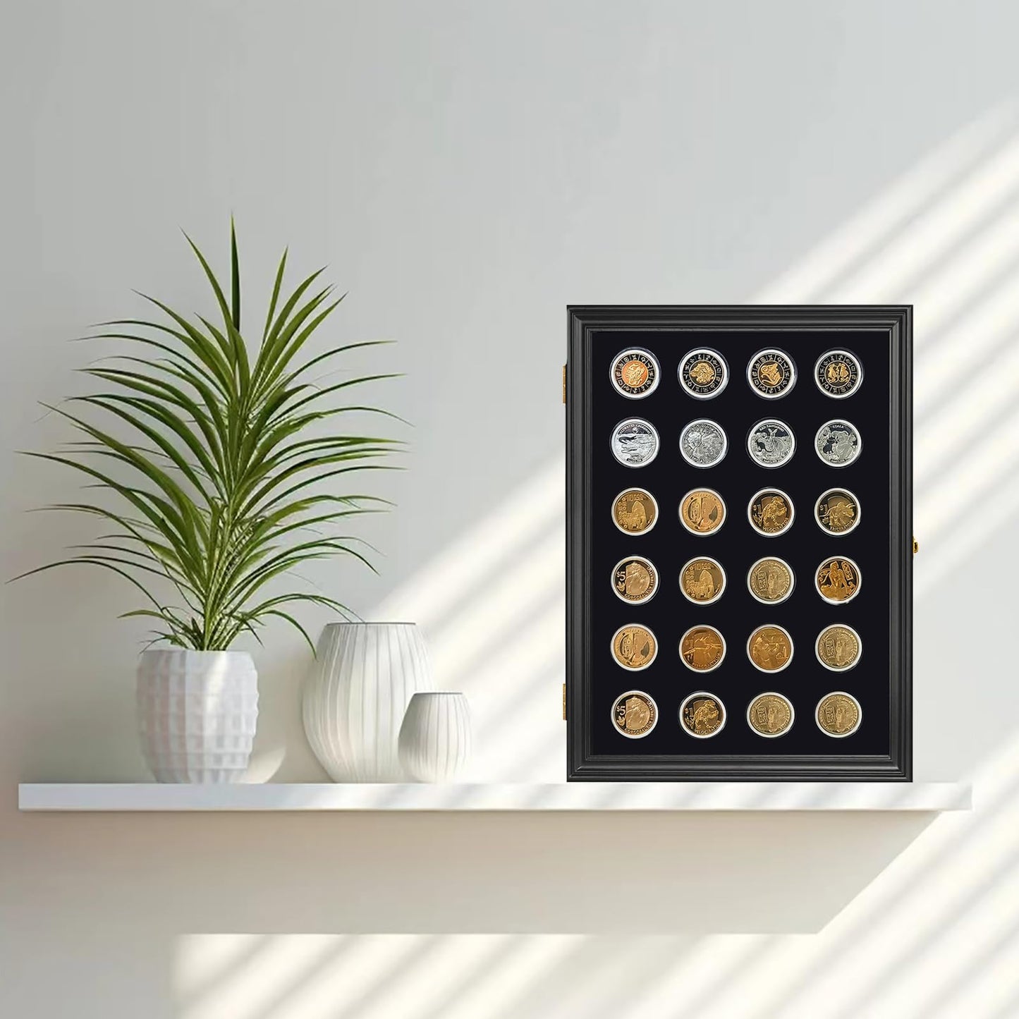 24 Casino Chip Coin Display Case,Challenge Coin Display,Challenge Coin Holder,Challenge Coin Display, Mility Coin Holder Display,Chips Holder Wall Rack 98% UV Lockable,Solid Wood Frame,Glass Door.