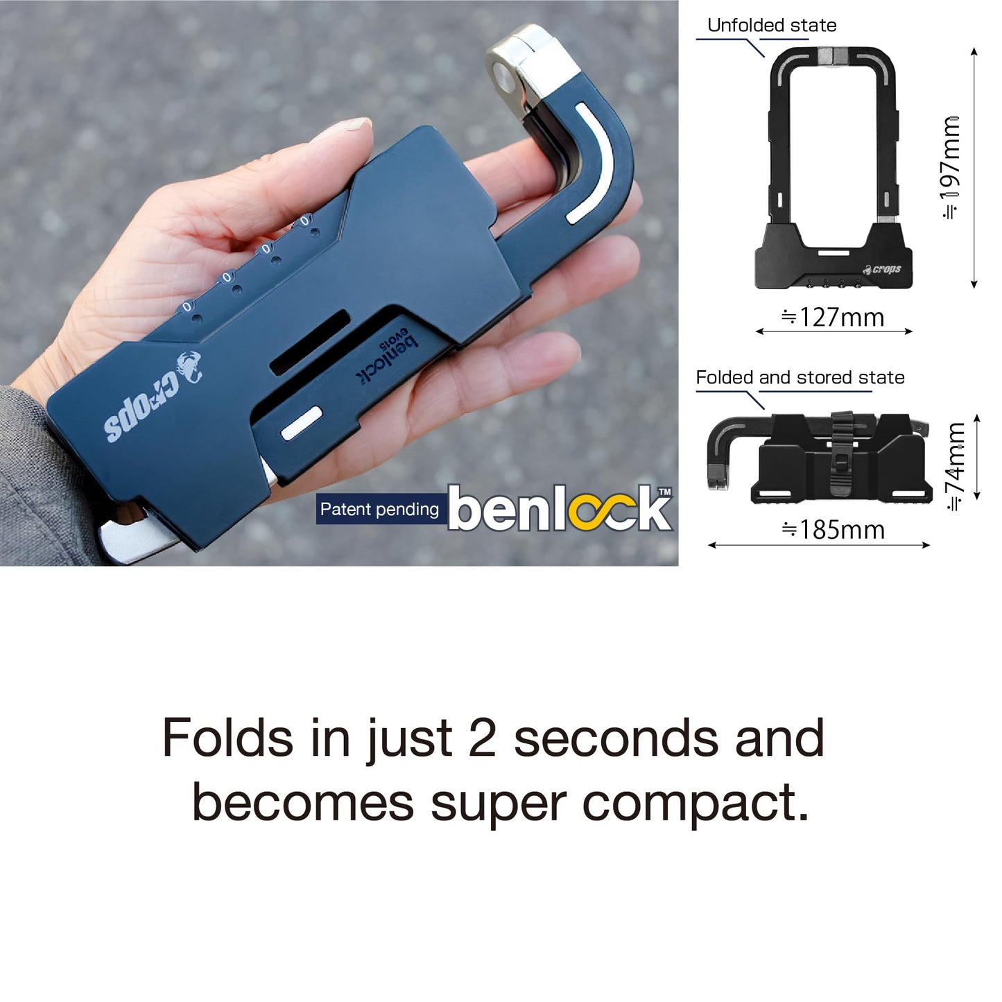 CROPS Bike U Lock, BENLOCK Foldable Black, 9mm Thickness, 4-Digit Resettable Combination Bike Locks Heavy Duty Anti Theft