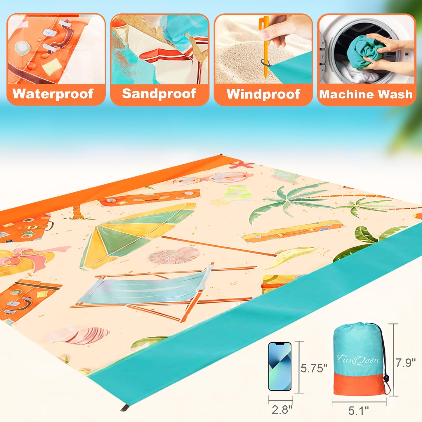 FunQeeu Beach Blanket, Waterproof Sandproof Extra Large Beach Mat 83" X 79" for 2-8 Adults Oversized Lightweight Quick Drying Outdoor Picnic Blankets