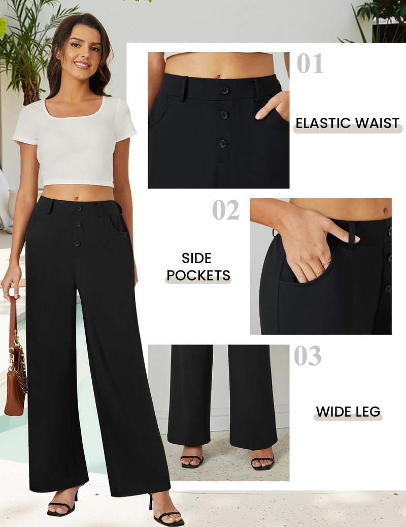 FireSwan Wide Leg Pants Woman Palazzo Casual Slacks High Waisted Trousers Loose Business Work Dress Office Pockets Black