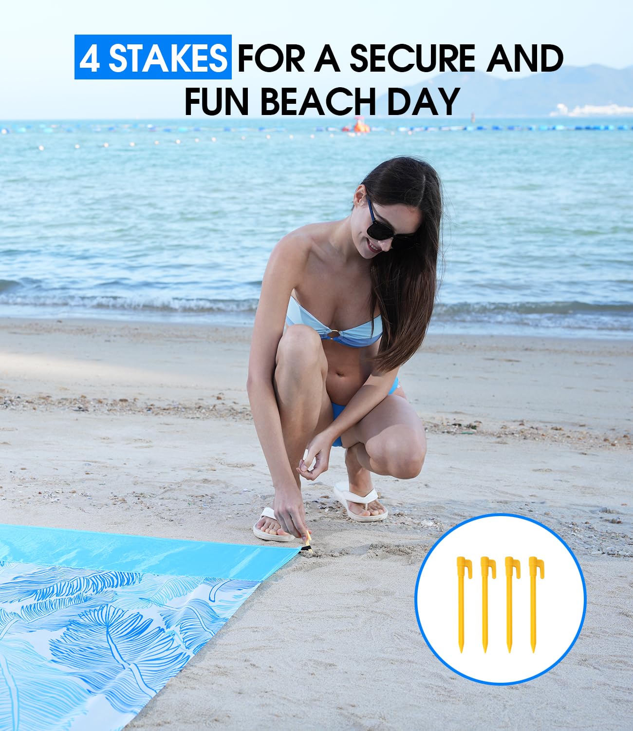 JOYLAMA Beach Blanket Sandproof,Waterproof Beach Mat for Kid Pool, Outdoor Blanket for Beach, Vacation, Picnic Bkanket with Portable Bag, 4 Stakes & 3 Water Bag for 1-5 People(Large)