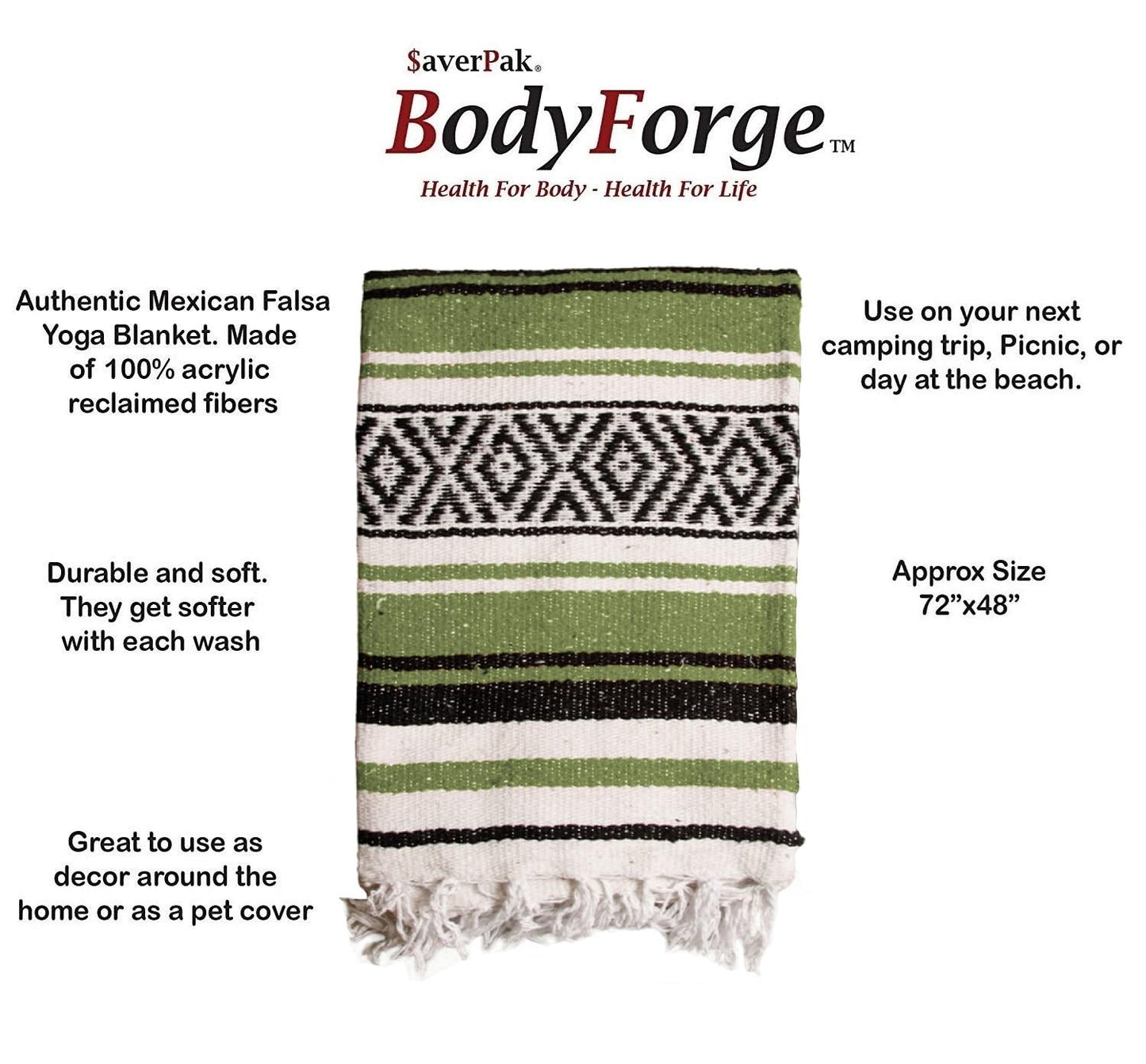 $averPak BodyForge Authentic Mexican Falsa Yoga Blanket (Green/Black/White)