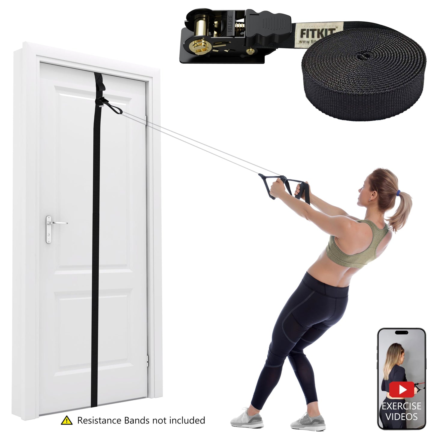 FITKIT Door and Wall Moveable Anchor Straps with Adjustable Multi Point for Resistance Bands, Workout Attachment for Home Gym, Fits 6-8 ft Doors