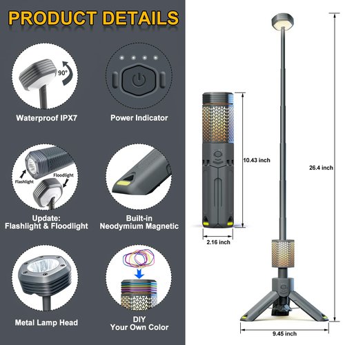 Riickee Camping Lantern Rechargeable, Telescoping-Camping-Lights, 10500mAh Capacity Battery Powered,Outdoor-Lantern for Hiking/Adventure/Power Outages, IPX7 Water Resistant(Dark Grey)
