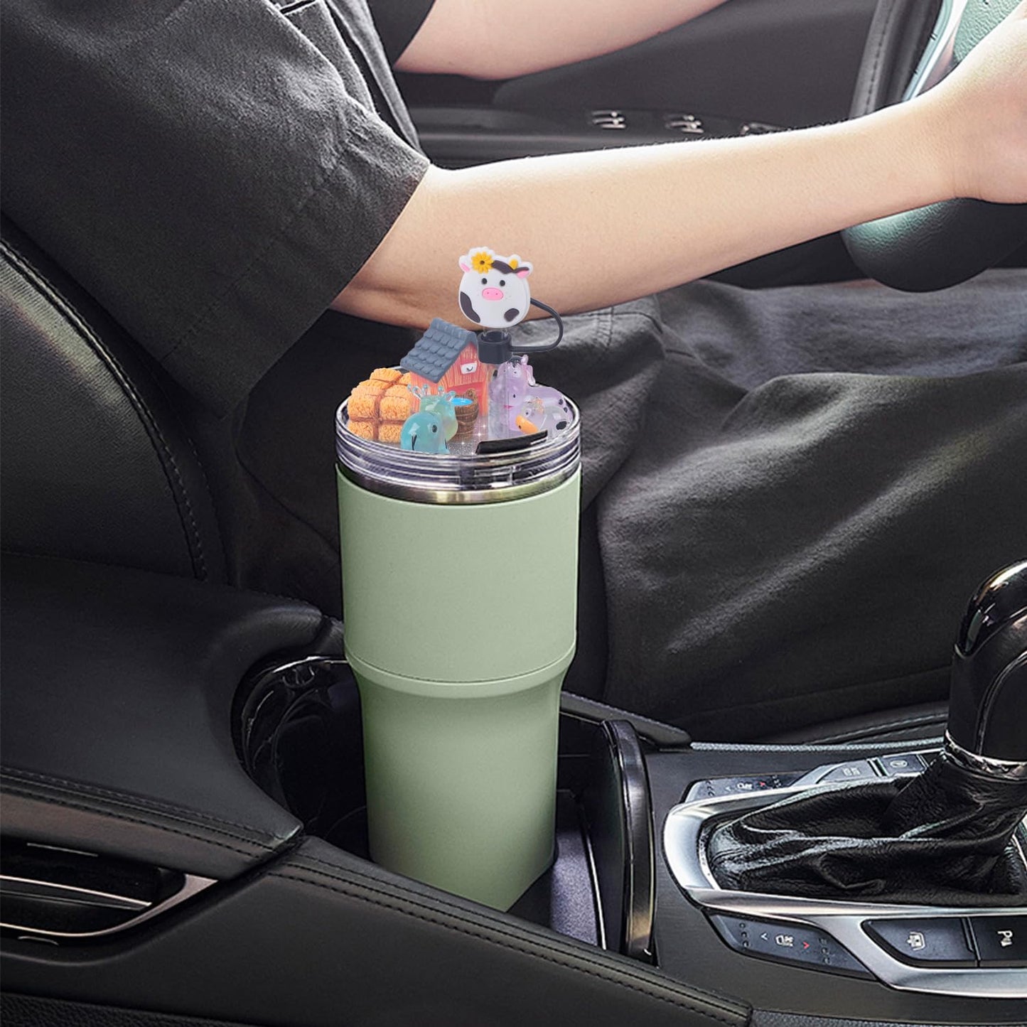 JUNIQUTE Compatible with Stanley Cup Lid Accessories Charms, Charms for Stanley Cups H2.0 Accessories 30oz 40oz with Silicone Straw Cover Cap for Tumblers (Cow, 30oz)