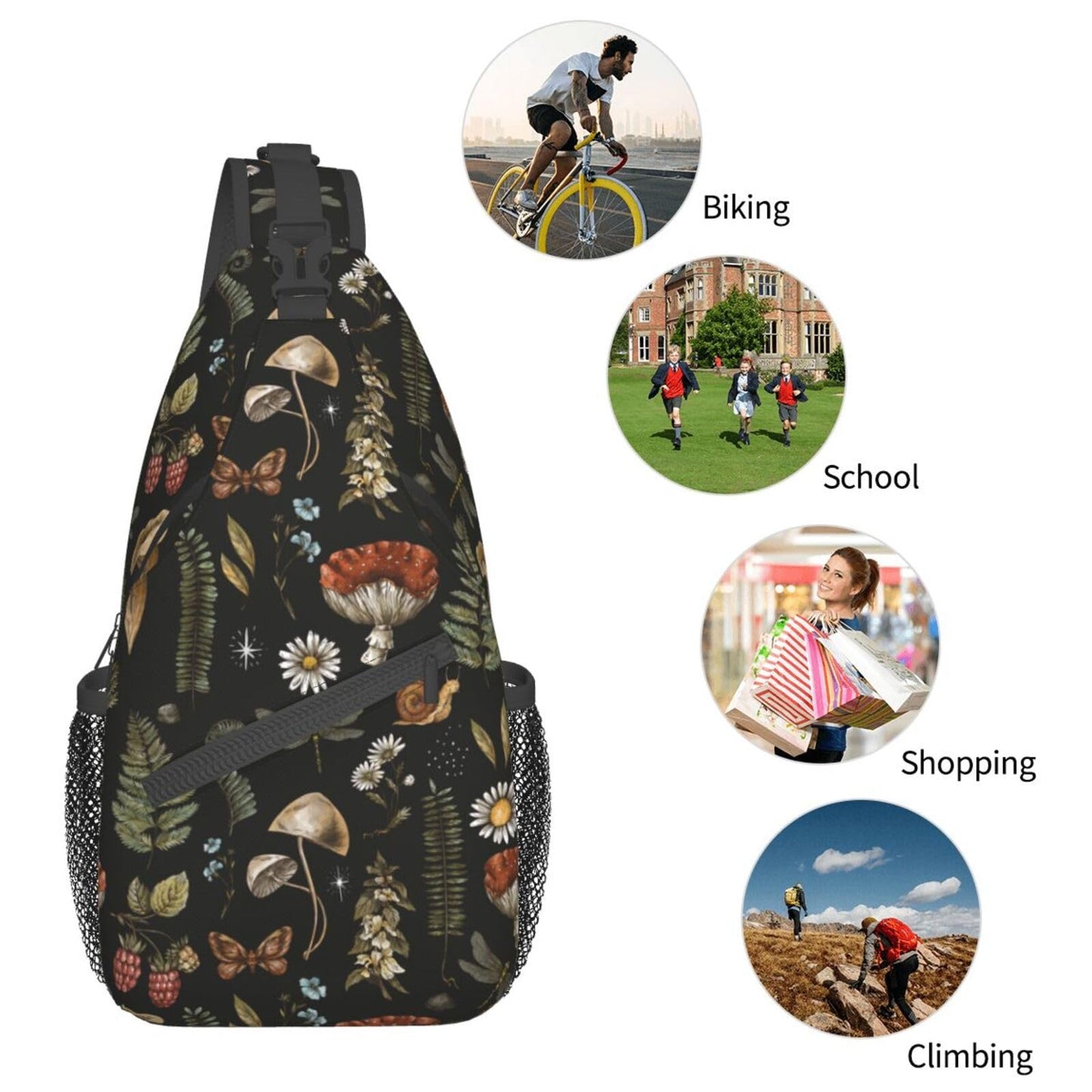 VOOHDDY Vintage Mushroom Witchcraft Magic Plant Sling Bag For Women Men Travel Hiking Backpack Crossbody Shoulder Chest Bags Casual Daypack Sport