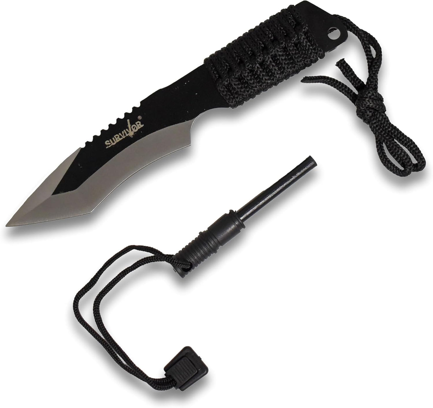 Survivor HK-759 Fixed Blade Knife, Two-Tone Tanto Blade, Black Cord-Wrapped Handle, 7-Inch Overall
