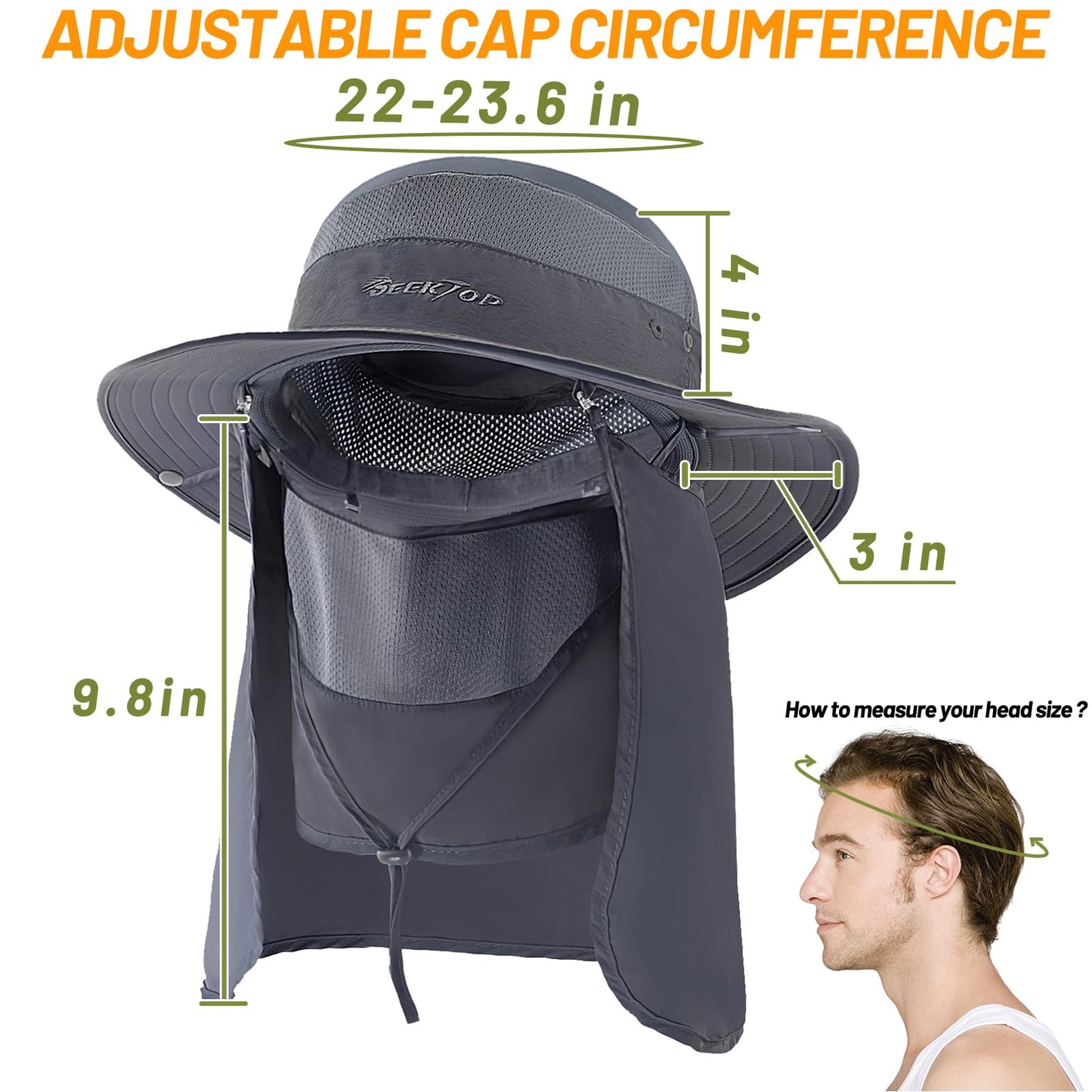 Fishing Hat for Men & Women, Outdoor UV Sun Protection Wide Brim Safari Hat with Face Cover & Neck Flap for Hiking Hats