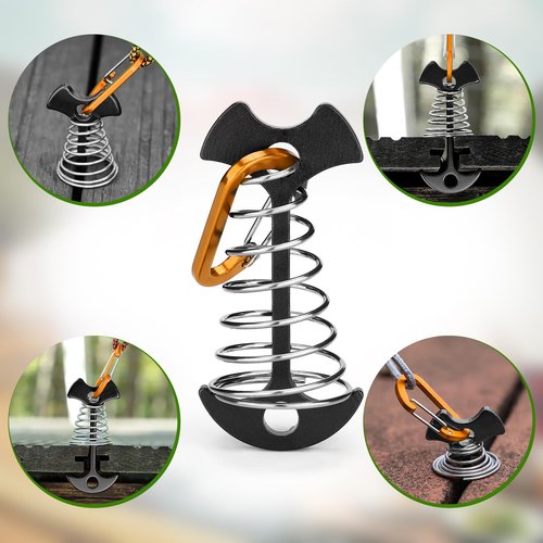 TOBWOLF 10PCS Black Fishbone Deck Anchor Pegs with Carabiners, Aluminium Deck Tie Down Tent Stakes, Windproof Tent Rope Tighteners with Spring Buckle, Outdoor Camping Hiking Cord Adjuster Tensioners
