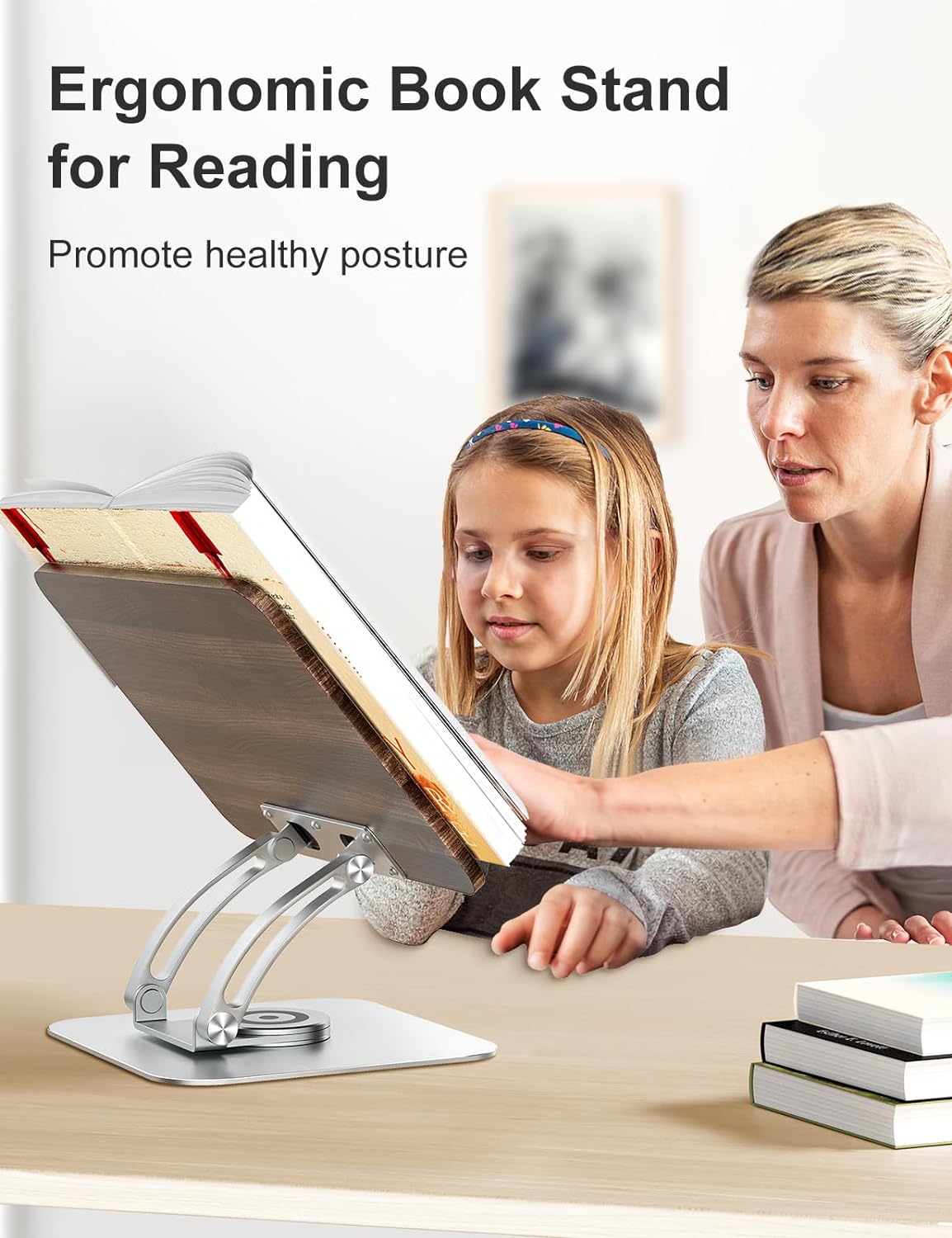 Tounee Book Stand for Reading, Adjustable Book Holder with 360° Swivel Base, Foldable Cookbook Stand Recipe Book Holder with Elastic Page Clips for Music Scores, Recipe, Tablet, Laptop-Gray