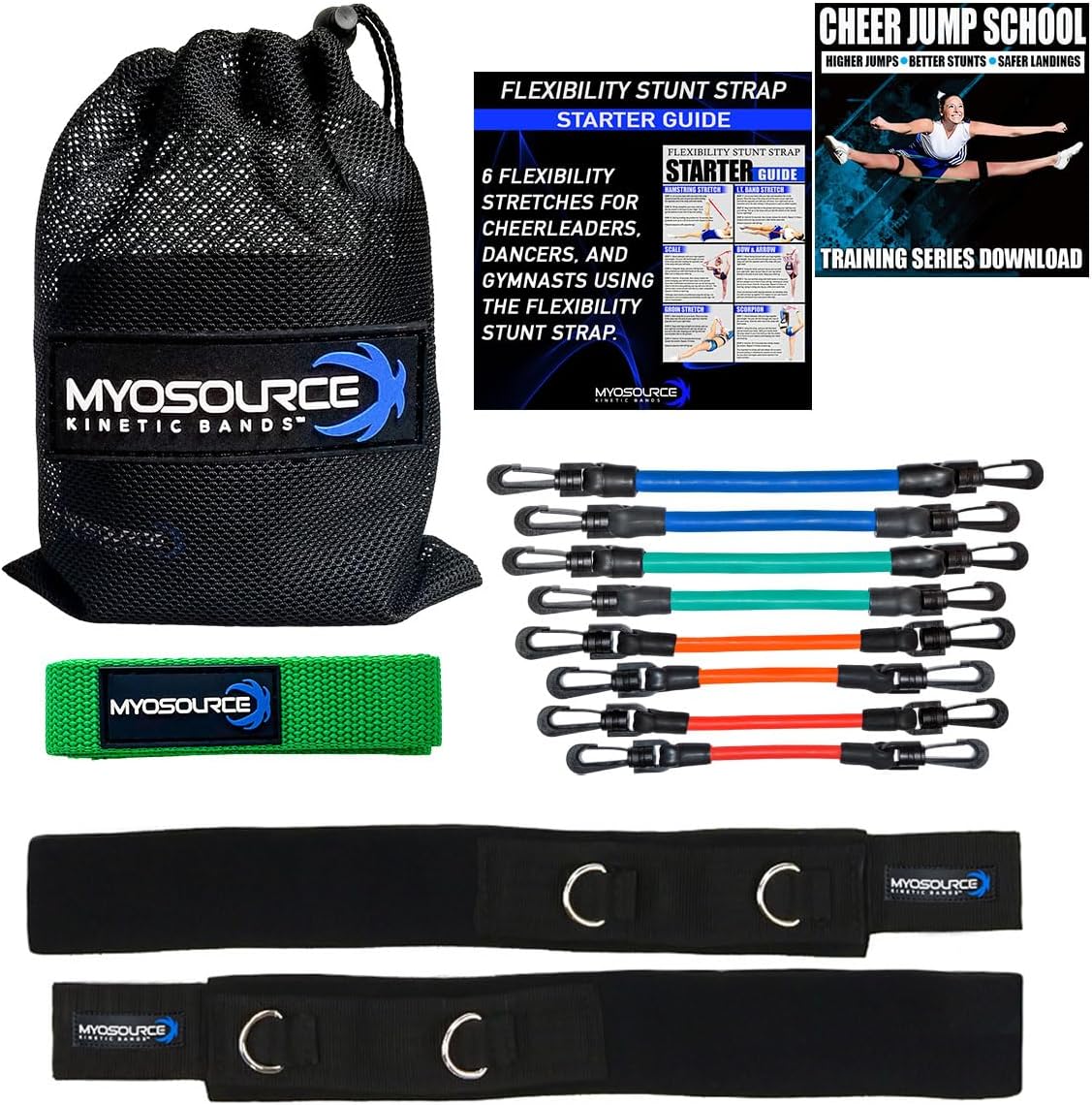 Cheer Kinetic Bands Cheerleader Flexibility and Strength Training | Improve Jumps, Stunts, Landings | 4-Level Leg Resistance Bands & 12 Stunt Strap Color Options, Digital Training Downloads