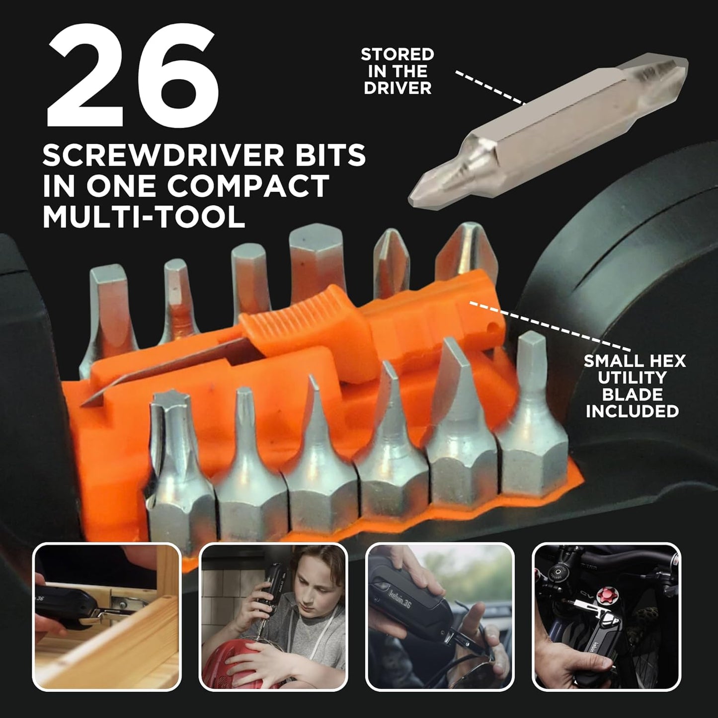 Kelvin Tools K-36 Multi-Tool Set, 36 Integrated Tools, 26 Bit Screwdriver Set, Tape Measure, Corkscrew (Black)