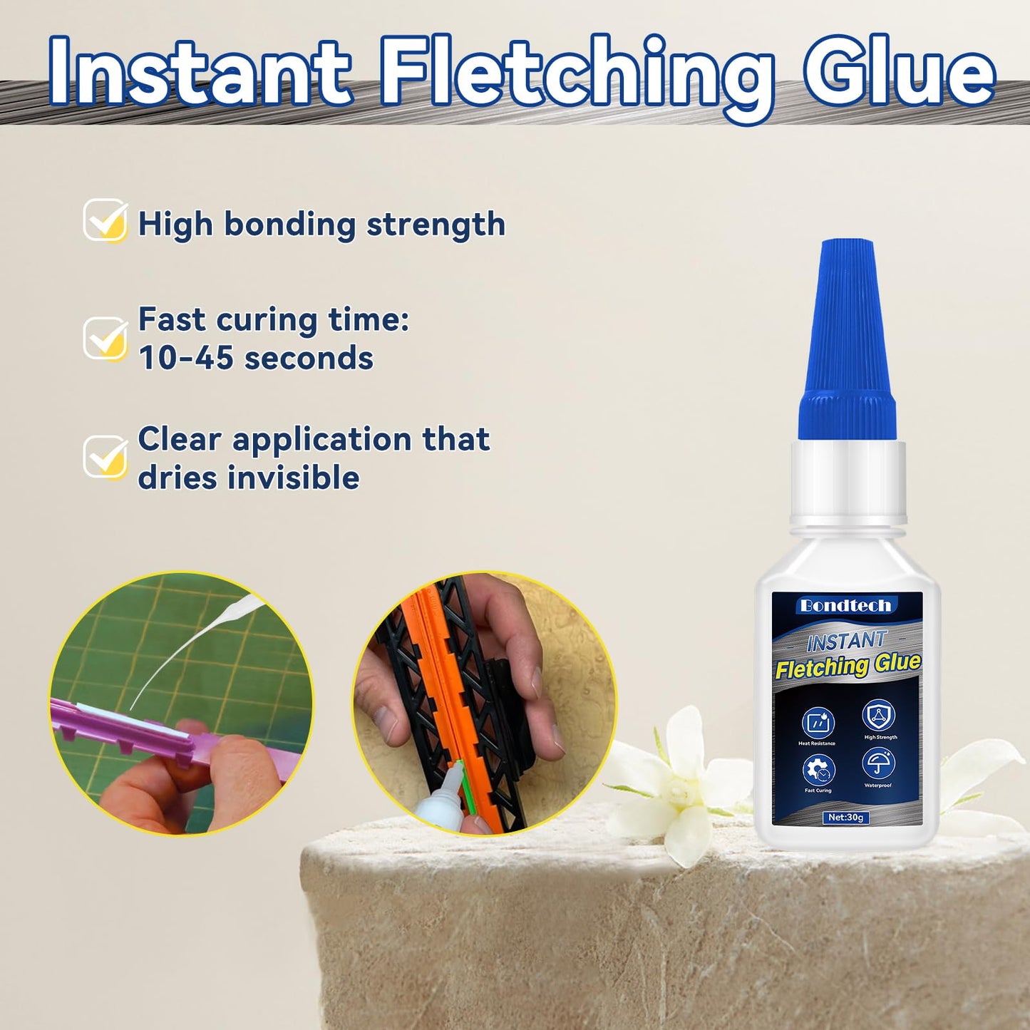Fletching Glue 30 g, Arrow Glue, Instant & Clear Adhesive for Carbon Arrows, Fletching Vanes, Feathers and Inserts, Great for Aluminium, Carbon and Wood Shafts