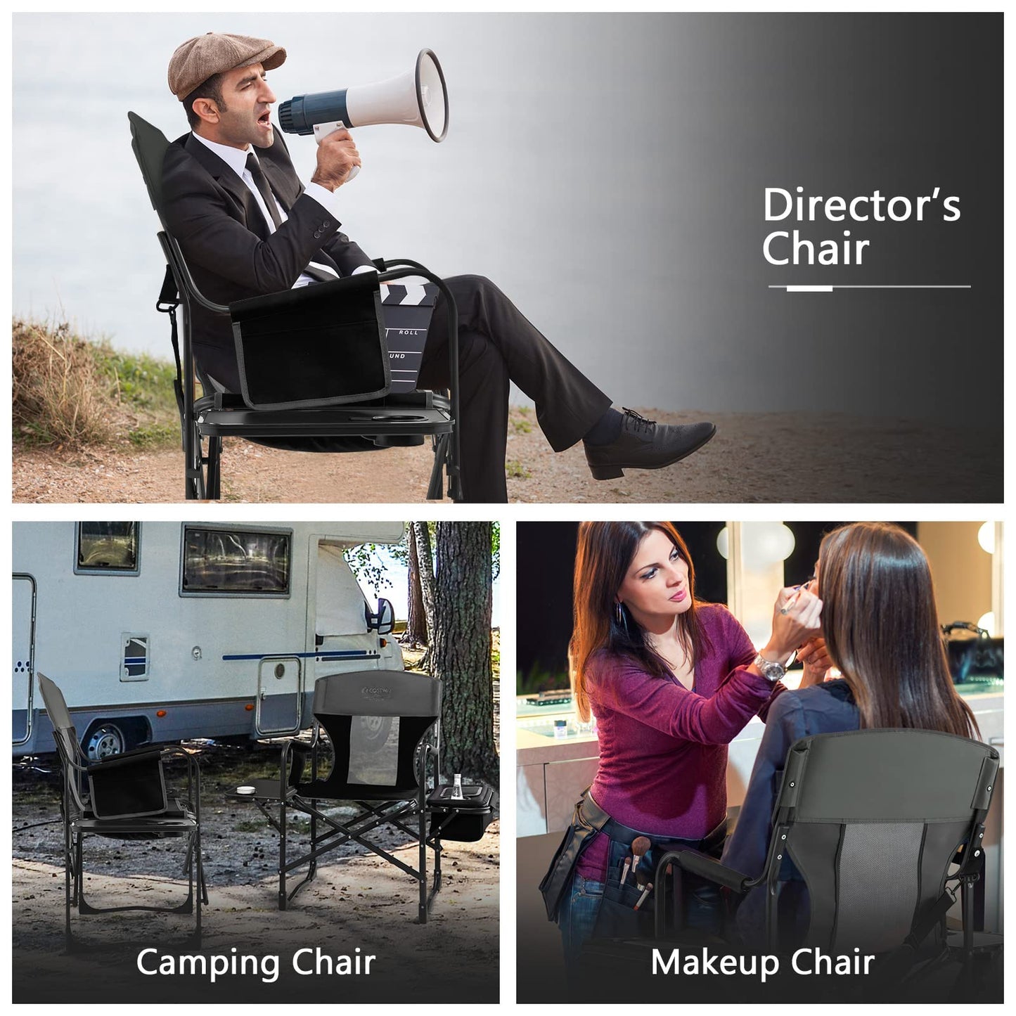 COSTWAY Folding Camping Chair, Heavy-Duty Director Chair Supports 400lbs for Adults with Side Table, Cooler Bag, Storage, Strap, Portable Makeup Chair Suitable for Fishing Picnic, Black