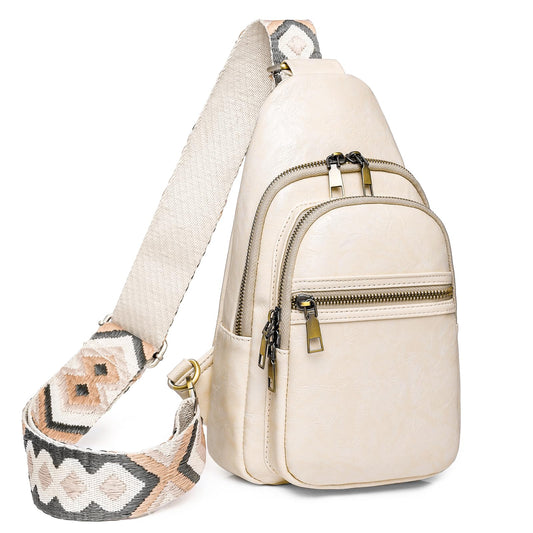 KFXFENQ Sling Bag for Women PU Leather Sling Bag Small Crossbody Sling Backpack Multipurpose Chest Bag for Women Cycling (1-Beige)