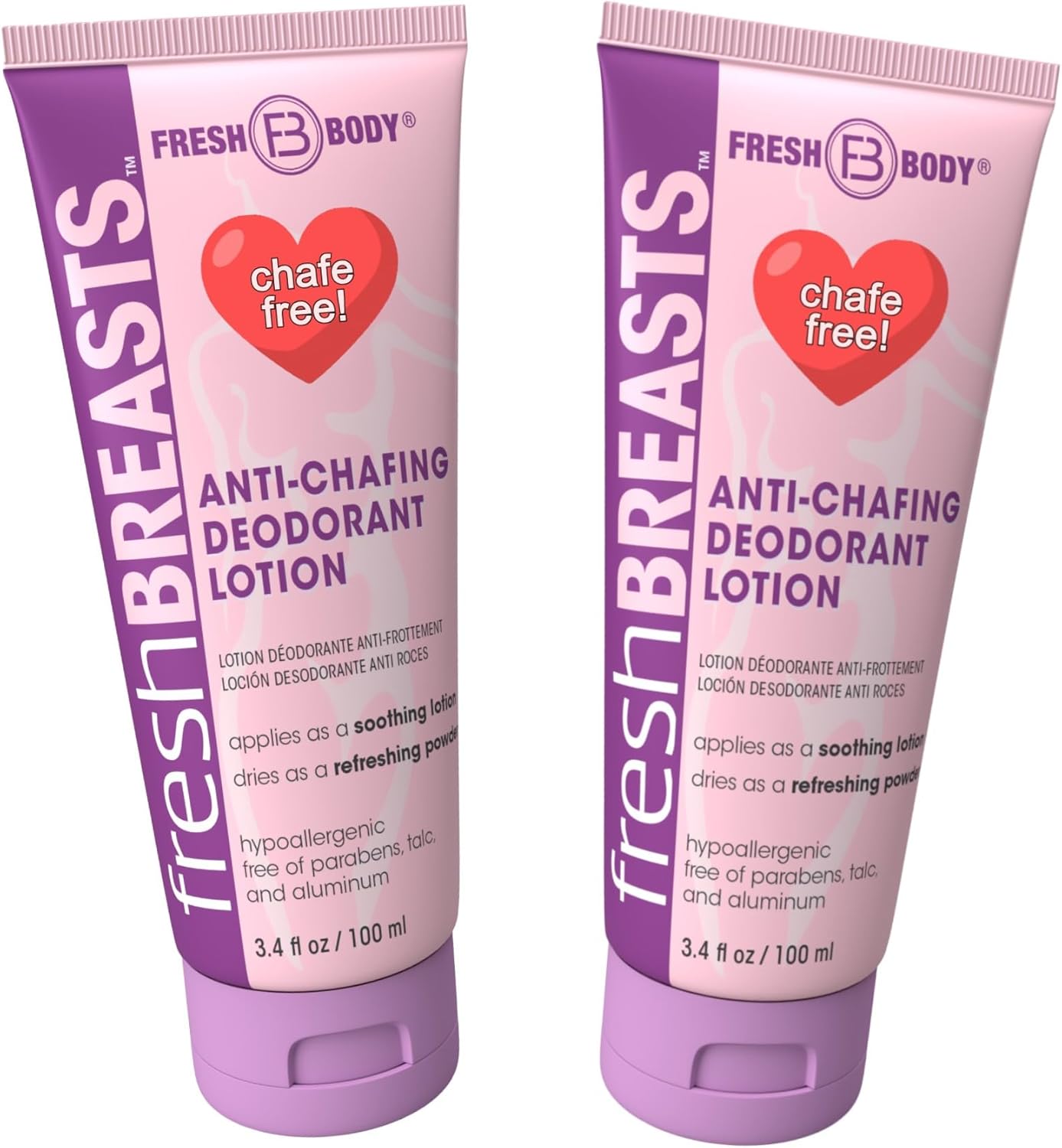 Fresh BREASTS Anti-Chafing Deodorant Cream to Powder for Under Boobs, Inner Thighs - Lotion Made without Talc, Aluminum, Parabens or Added Fragrance - 3.4 Fl Oz (2 Pack)