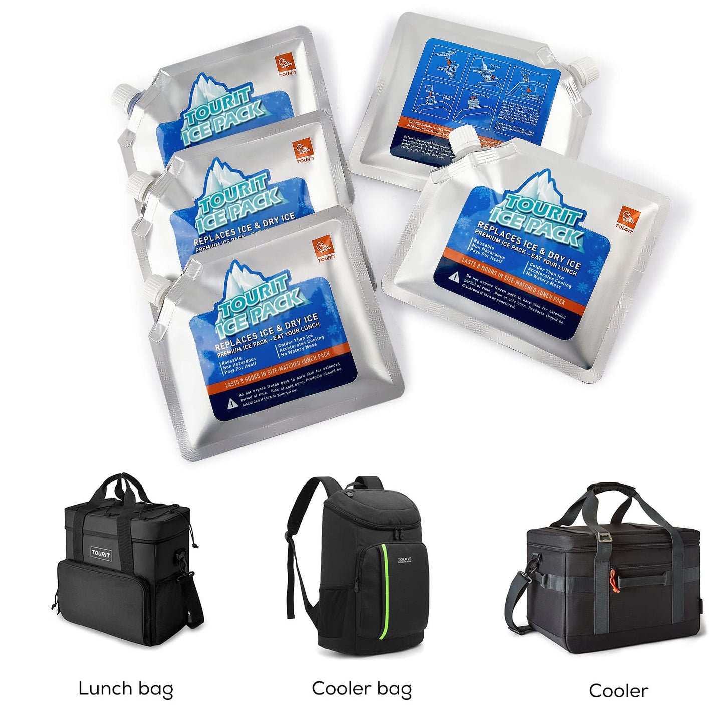 TOURIT Dual Compartment Lunch Bag Women Insulated with Reusable Ice Packs for Coolers Long Lasting