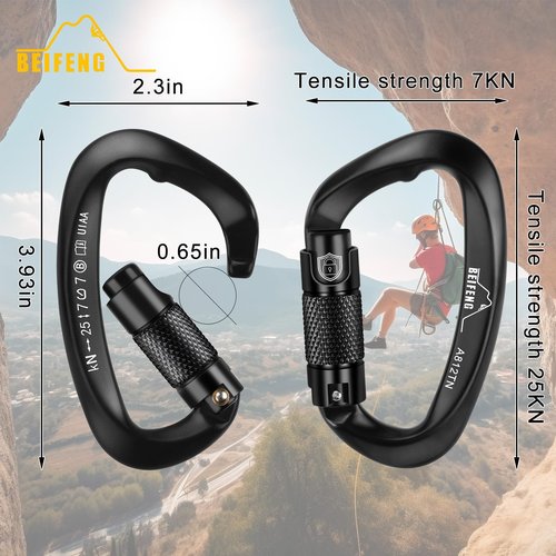 BEIFENG Auto Locking Climbing Carabiner, 25KN Black Twist Lock Heavy Duty Carabiner, UIAA Certified D-Type Large Suitable for Climbing, Rappelling, Rescue, Hammock, Swing etc