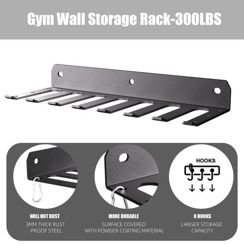 EVERYMATE Multi-Purpose Gym Equipment Storage Rack Heavy-duty 8 Hook, Home Gym Accessories Storage Rack, Barbell Holder Weight Racks for Resistance Bands Jump Ropes Carabiners Included(2PCS