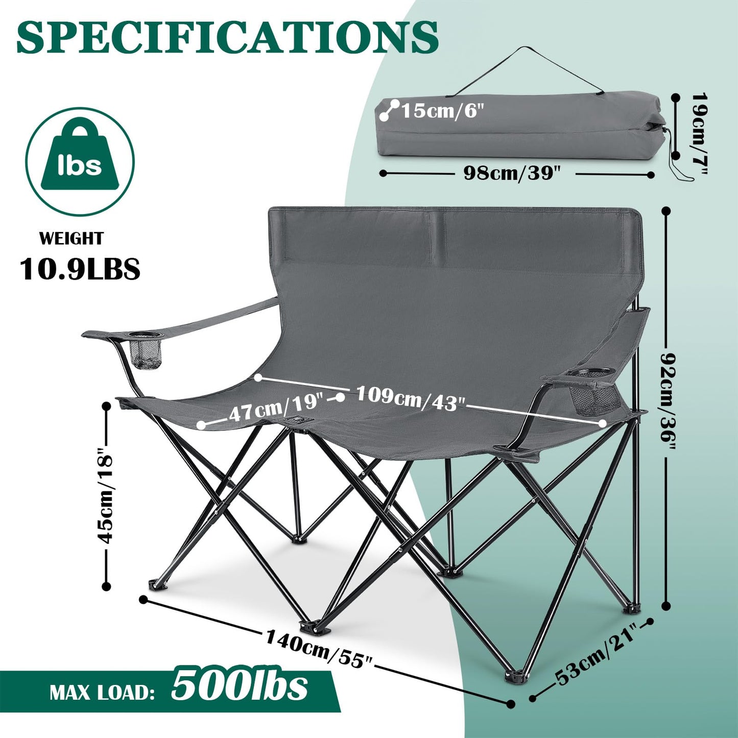 Leonyo Double Camping Chair, Loveseat Camping Chair with Folding Table, 2 Person Outdoor Folding Beach Chairs for Adults, Cup Holders & Carry Bag for Outside Travel, Supports 500lbs, Grey