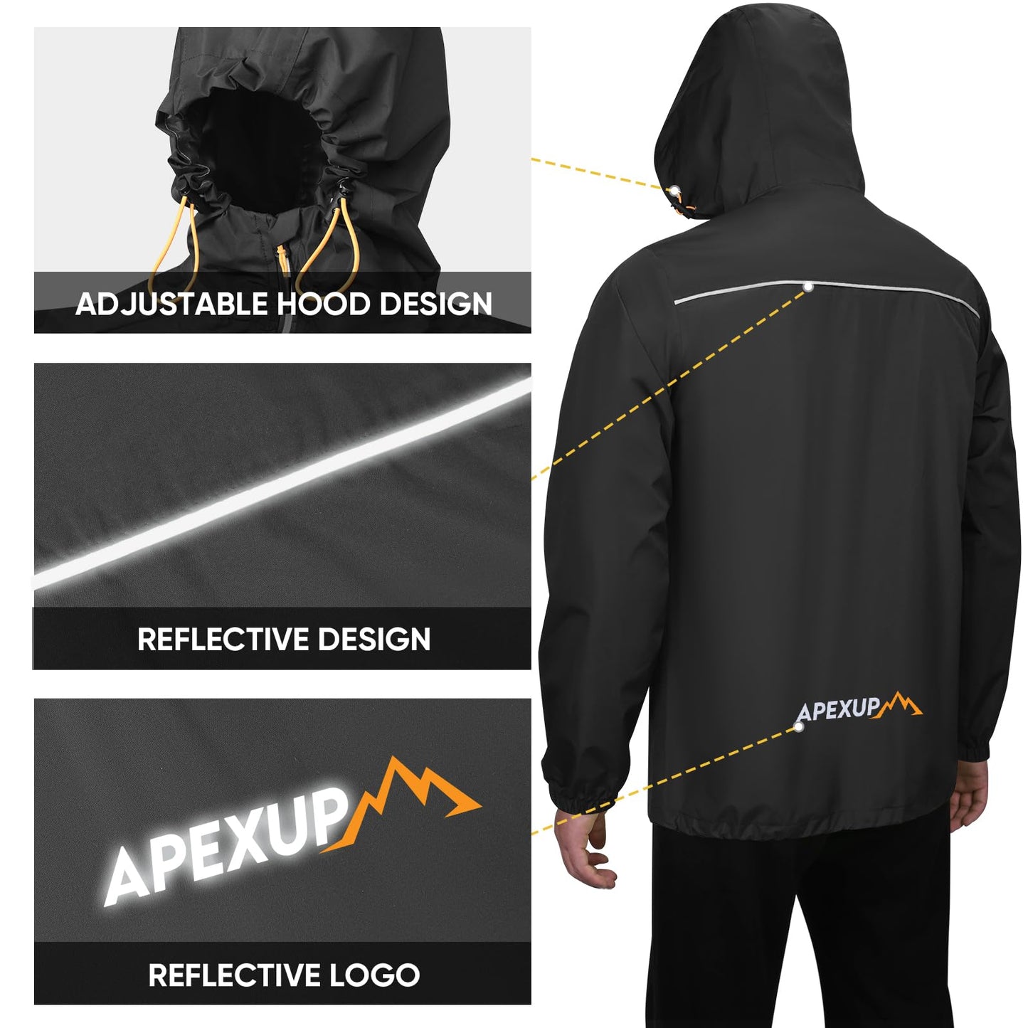 APEXUP Packable Rain Jacket Men with Reflective Zipper, Lightweight Waterproof Jacket Windbreaker Hooded Raincoat, Mens Rain Jackets for Outdoor, Running, Hiking, Travel, Cycling (Black, XL)