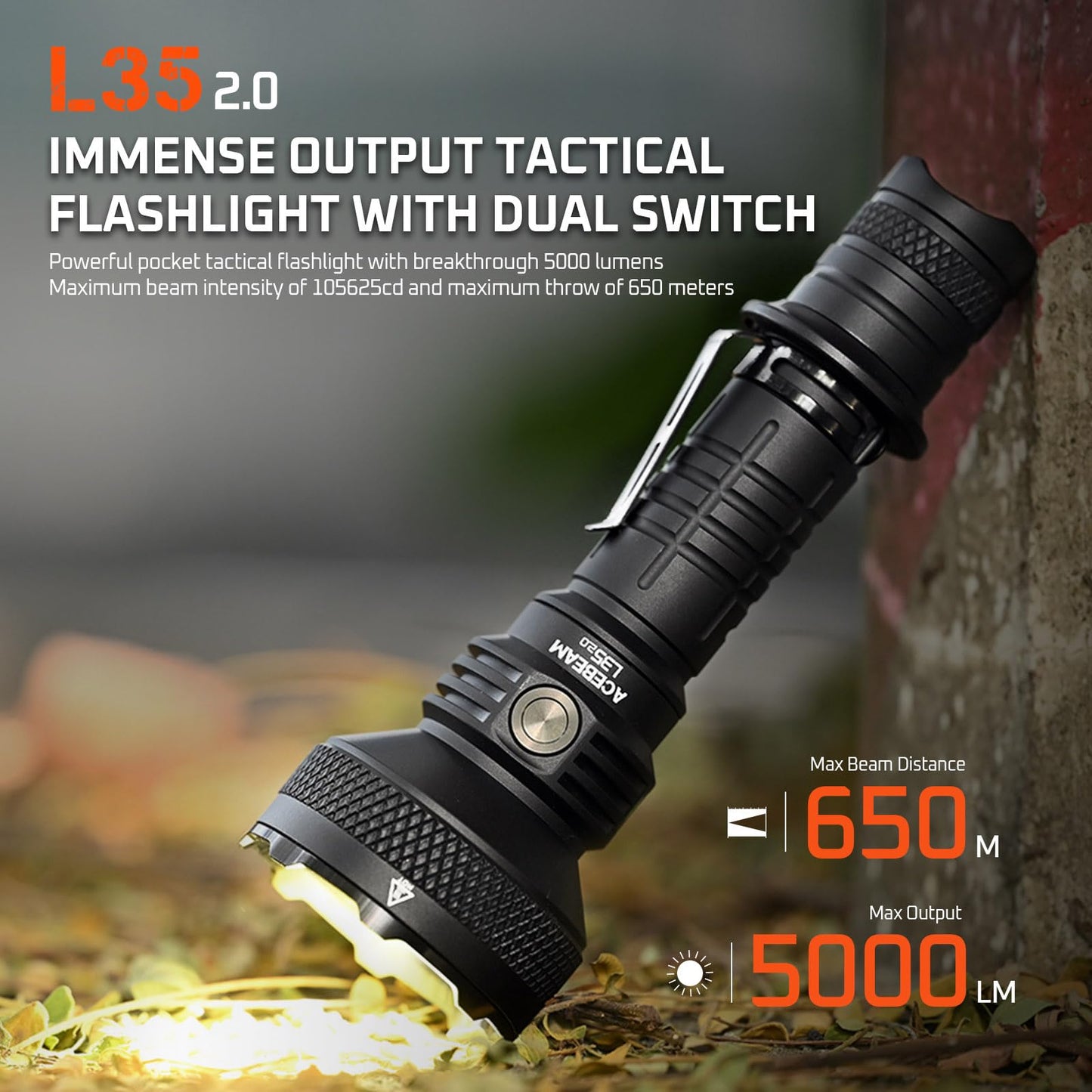 ACEBEAM L35 Tactical Flashlight, 5000 High Lumens Rechargeable Flashlight, 711 Yards Long Range Throw Led Flashlight, Super Compact Dual-Switches Flash Light for Emergency, Searching