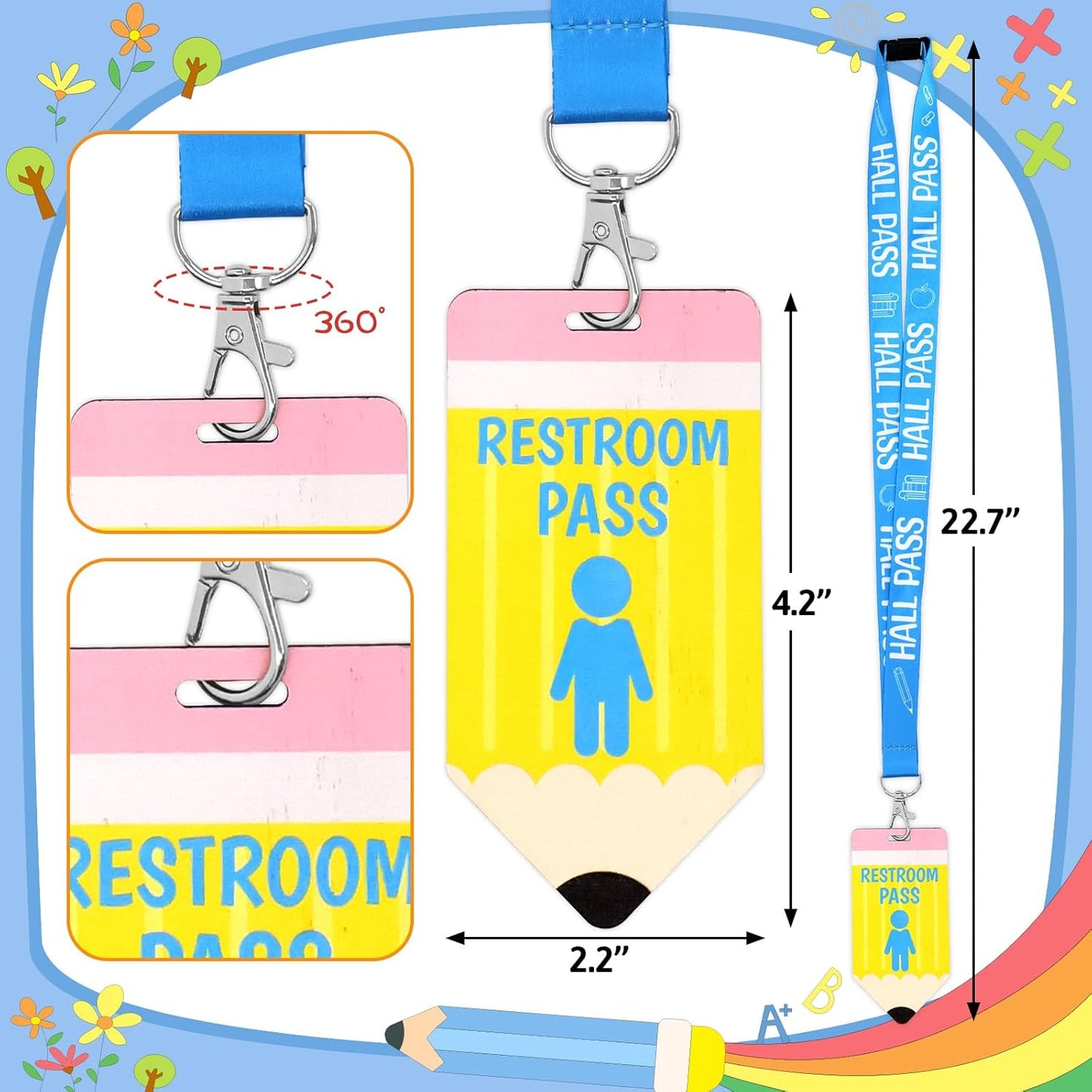 6 Sets Hall Pass Lanyards and School Passes Set Classroom Wooden Passes for Hall Office Library Nurse Restroom Teacher Gift