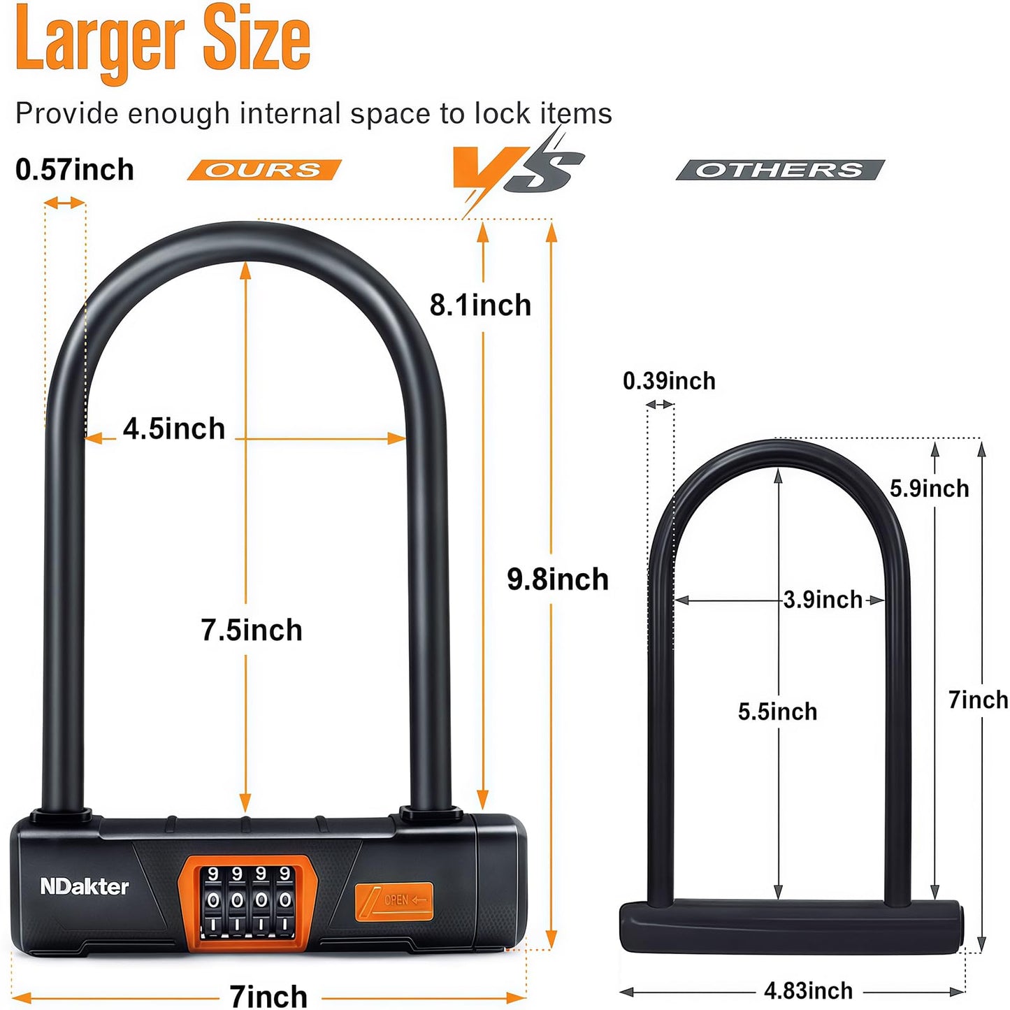 NDakter Bike Locks Heavy Duty Anti Theft, Combo Bike U Lock, 4-Digit Resettable Combination Bicycle Lock, Large U Shaped Ebike Lock with 5Ft Steel Cable for Electric Bike, Escooter, Motorcycle,Door
