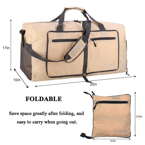 Woogwin Travel Duffel Bag Large Foldable Waterproof Overnight Bag for Beach Swim Bags Pool Sports Gym (60L Khaki)