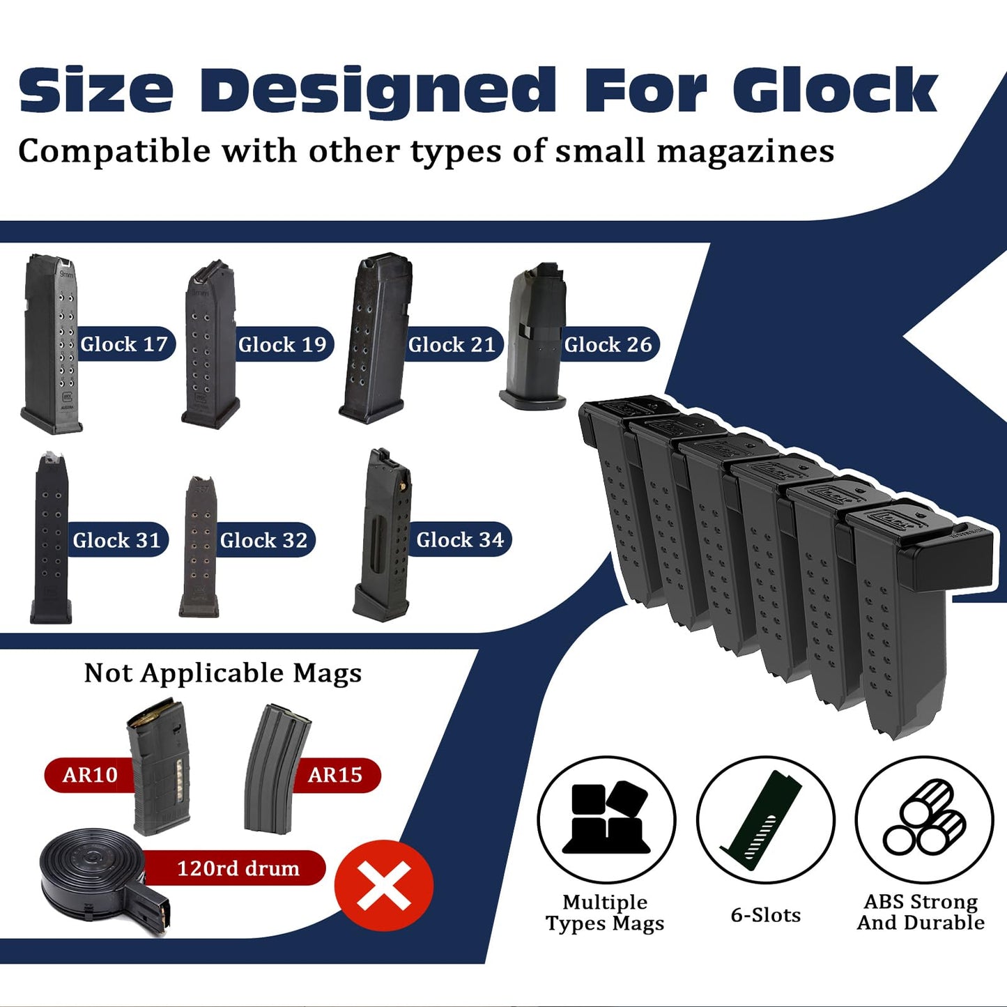 2Pack Magazine Mount for Glock 17 19 22 23 26 31 32 33 34 | Handgun Mag Holder Wall Mount Storage Rack | Mag Holder Display for Gun | Gun Magazine Holder Fit for Glock 17 Accessories (12 Slots)