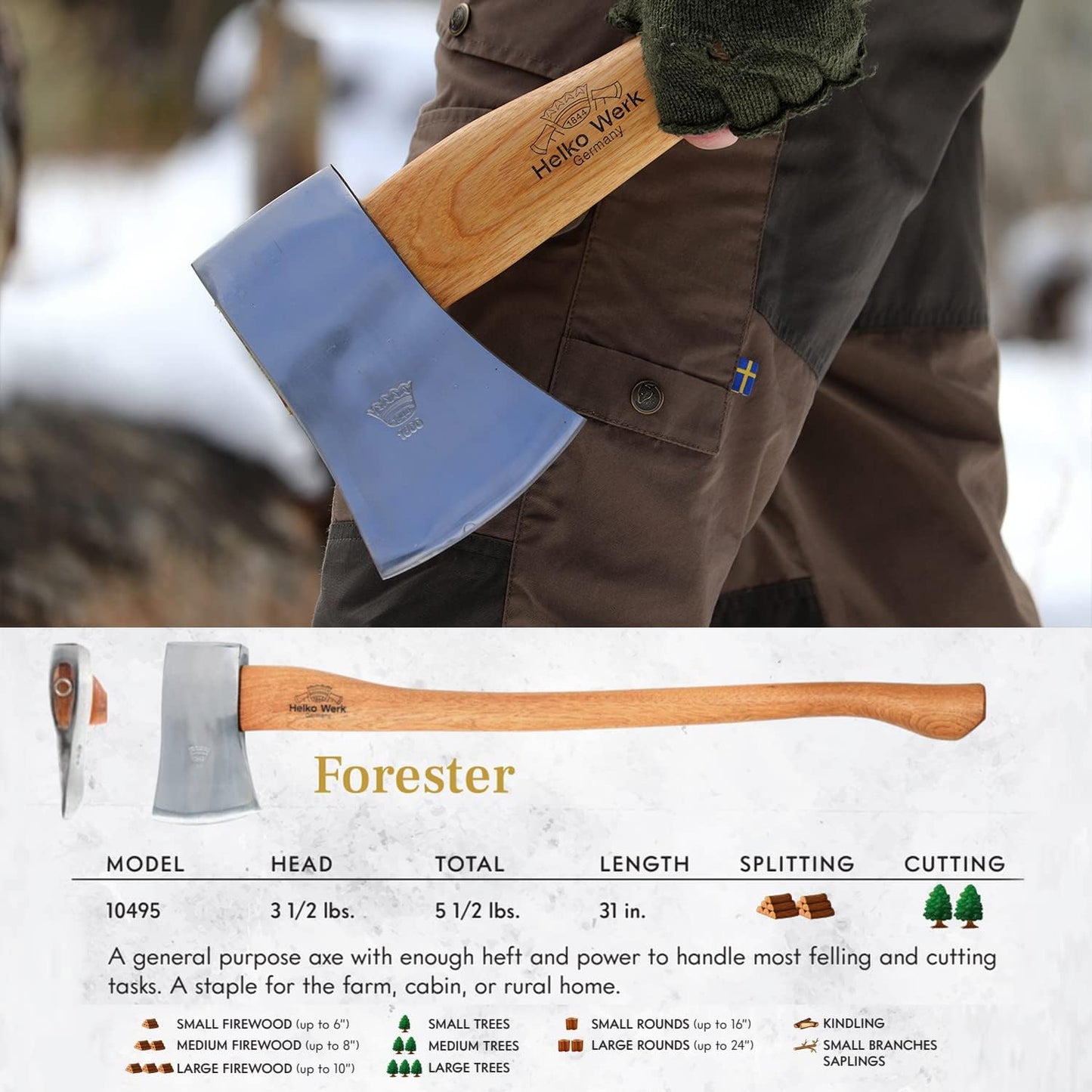 1844 Helko Werk Germany Classic Journeyman Pack Axe - Made in Germany Lightweight and Compact Backpacking Axe and Bushcraft Axe for Camping - Head 1.5 lbs, Handle 20 in. (Journeyman) #11441