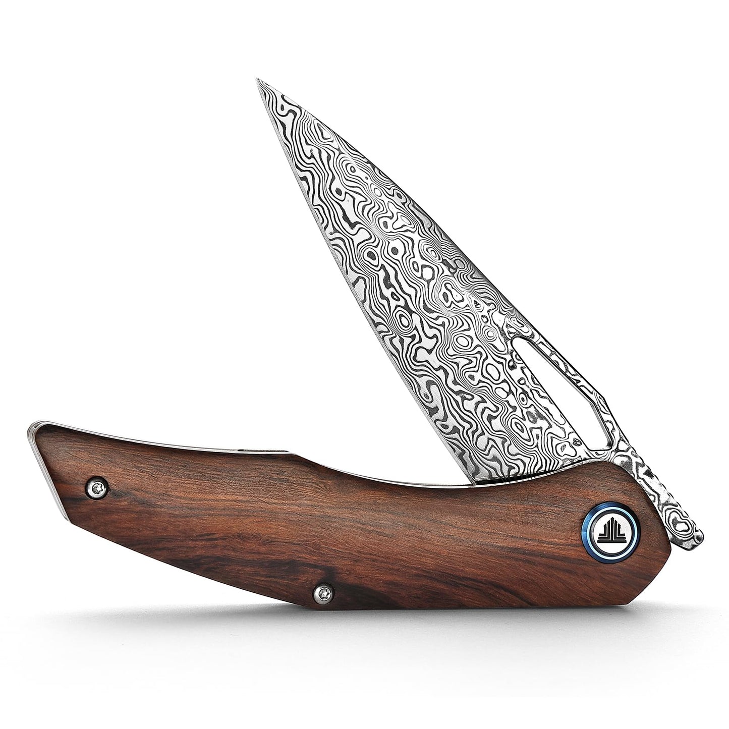 TRIVISA 3.62'' Damascus Folding Pocket Handmade Knife for Men With Clip, Front Flipper Utility Knife for Best EDC Outdoor Camping Hiking Work Knives,Ironwood Handle &Ti Ring.Taurus-01i