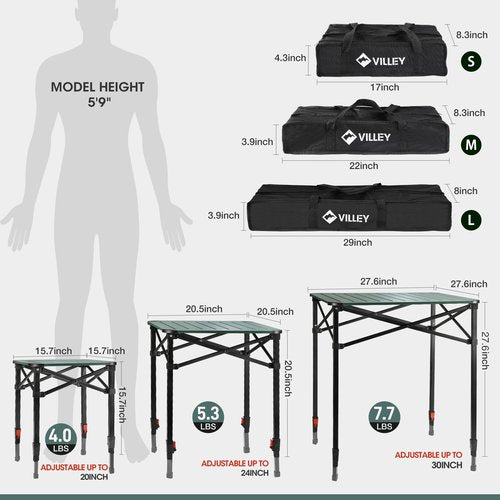 VILLEY Folding Camping Square Table with Carry Bag, Lightweight Aluminum Adjustable Square Table for Outdoor, Camping, Picnic, Backyards, BBQ (L)