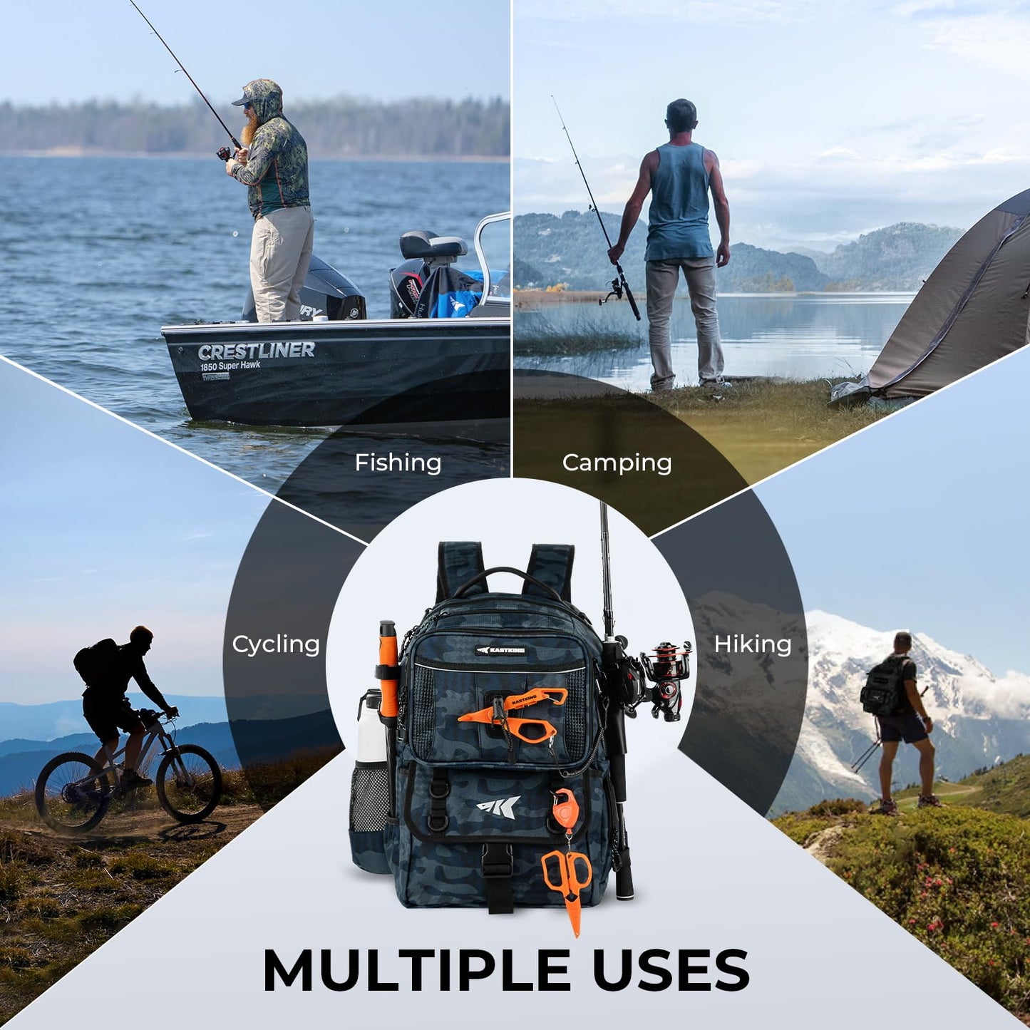 KastKing BaitSpace 50L Fishing Tackle Backpack with Removable Bait Binder & 4 Tackle Boxes,2 Rod Holders Storage Fishing Gear and Equipment,Blue Camo