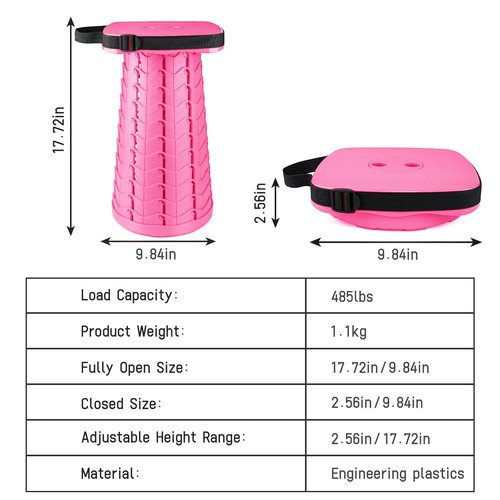 ZTMT Upgraded Folding Stool - 485lbs Load Capacity,Telescopic Stool,Portable Collapsible Seat for Camping,Fishing,Hiking,Travel (Square-Pink)