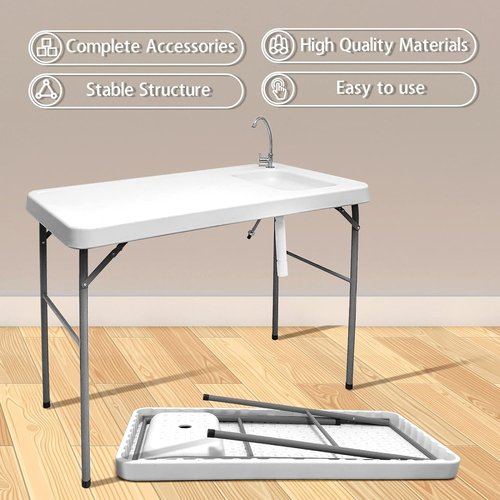 CAMP SOLUTIONS Fish Cleaning Table with Sink and Faucet, Portable Folding Camping Sink Table, Heavy Duty Fillet Table with Hose Hook Up, for Dock Beach Patio Picnic…