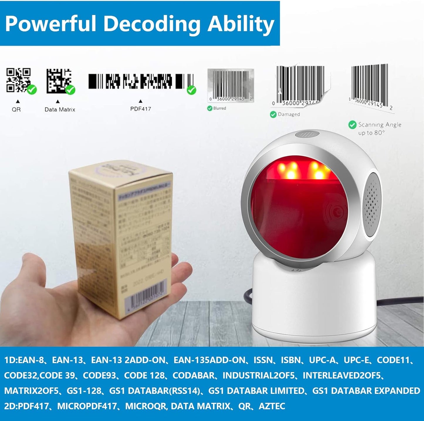 2D QR Hands-Free Barcode Scanner Omnidirectional Automatic Sensing Scanning USB Barcode Reader Adjustable Screen Scanning Platform Scanner for POS PC Supermarket Bookstore
