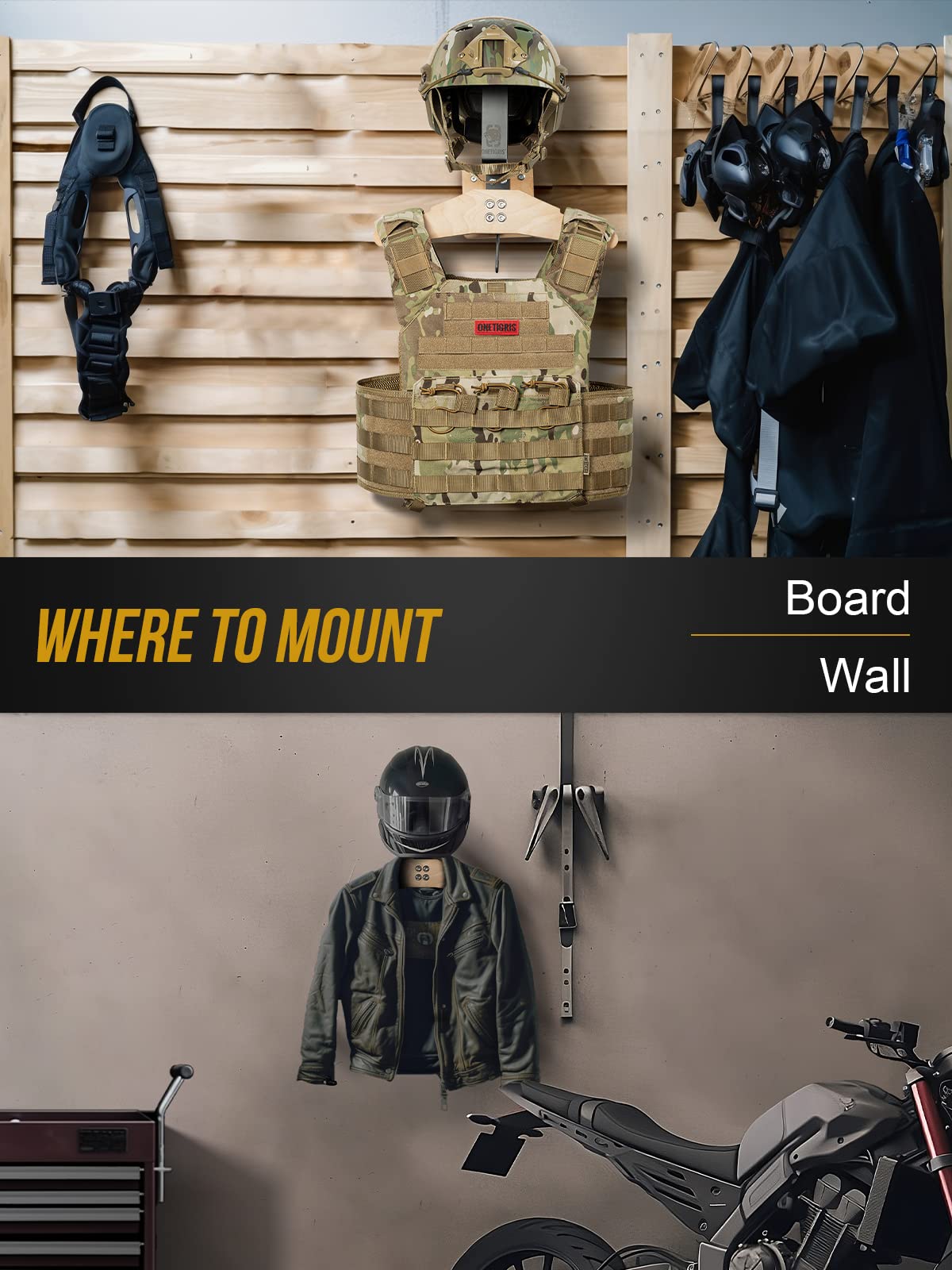 OneTigris Tactical Gear Wall Mount, Motorcycle Helmet Holder Stand Jacket Hanger Plate Carrier Rack Display Organizer for Police Football Cycling Suit
