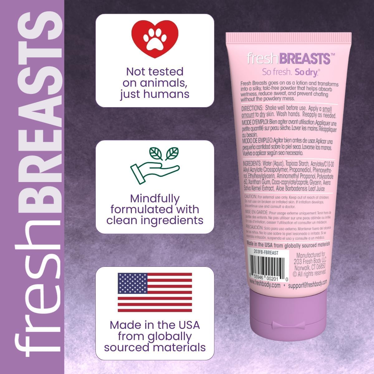 Fresh BREASTS Anti-Chafing Deodorant Cream to Powder for Under Boobs, Inner Thighs - Lotion Made without Talc, Aluminum, Parabens or Added Fragrance - 3.4 Fl Oz (2 Pack)