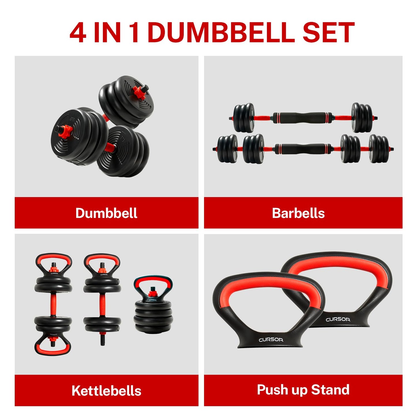4-IN-1 Adjustable Dumbbells Set, Work As Dumbbell/Barbell/Kettlebell/Push up Stand, Home Gym Weights Strength Training (CS50)