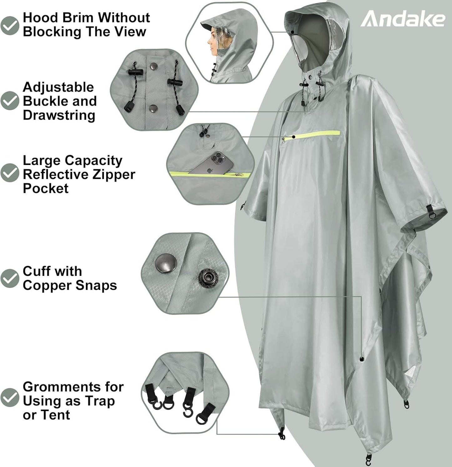 Andake Waterproof Rain Poncho for Adults Unisex,230T Ripstop Polyester,Raincoat Gear with Transparent Viewing Window Outdoors